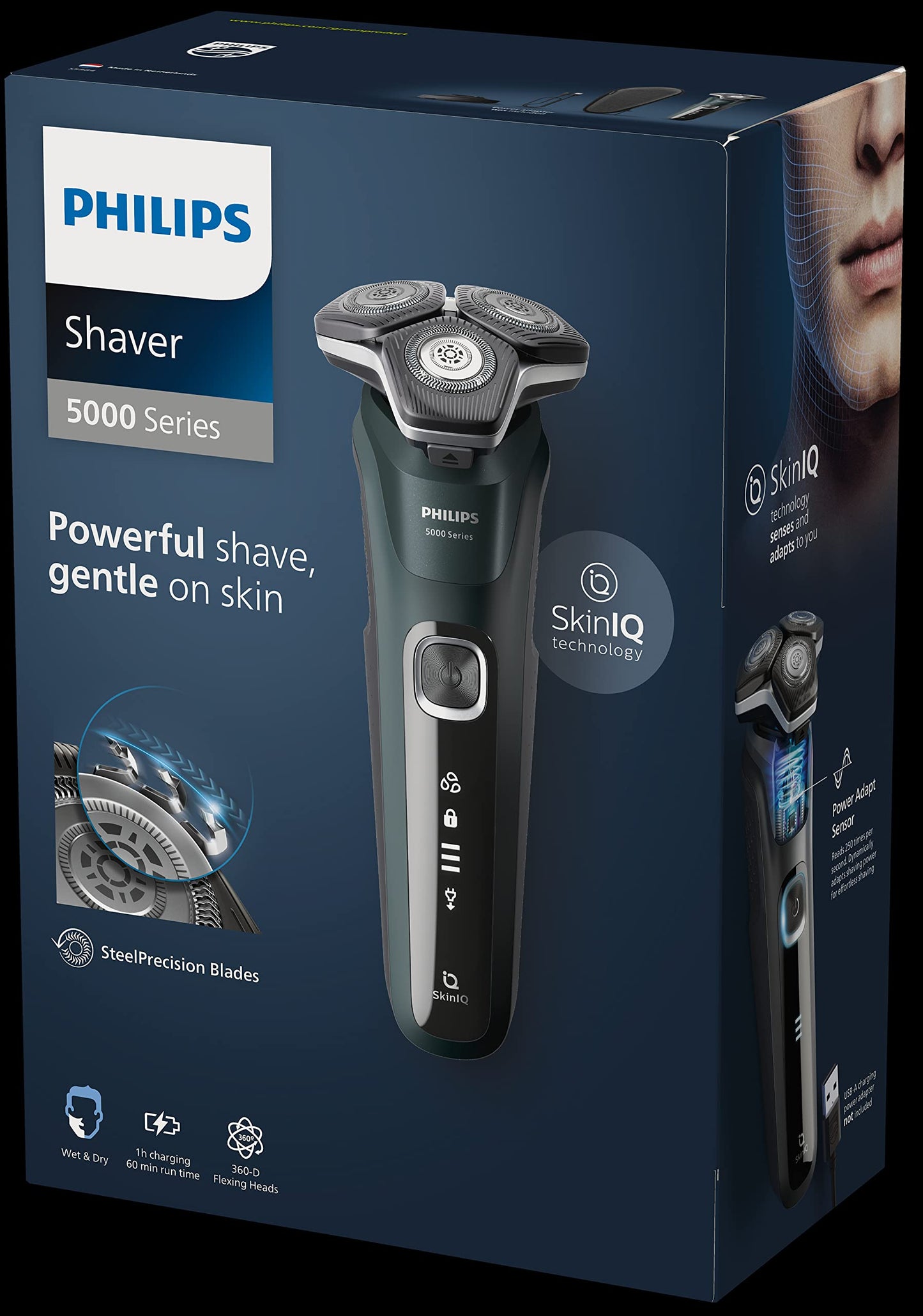 PHILIPS Shaver Series 5000 with Advanced SkinIQ, Wet & Dry Men's Electric Shaver with Integrated Pop-up Trimmer, 60 mins Run Time - S5588/30, Deep Black, [comes with UK Plug]