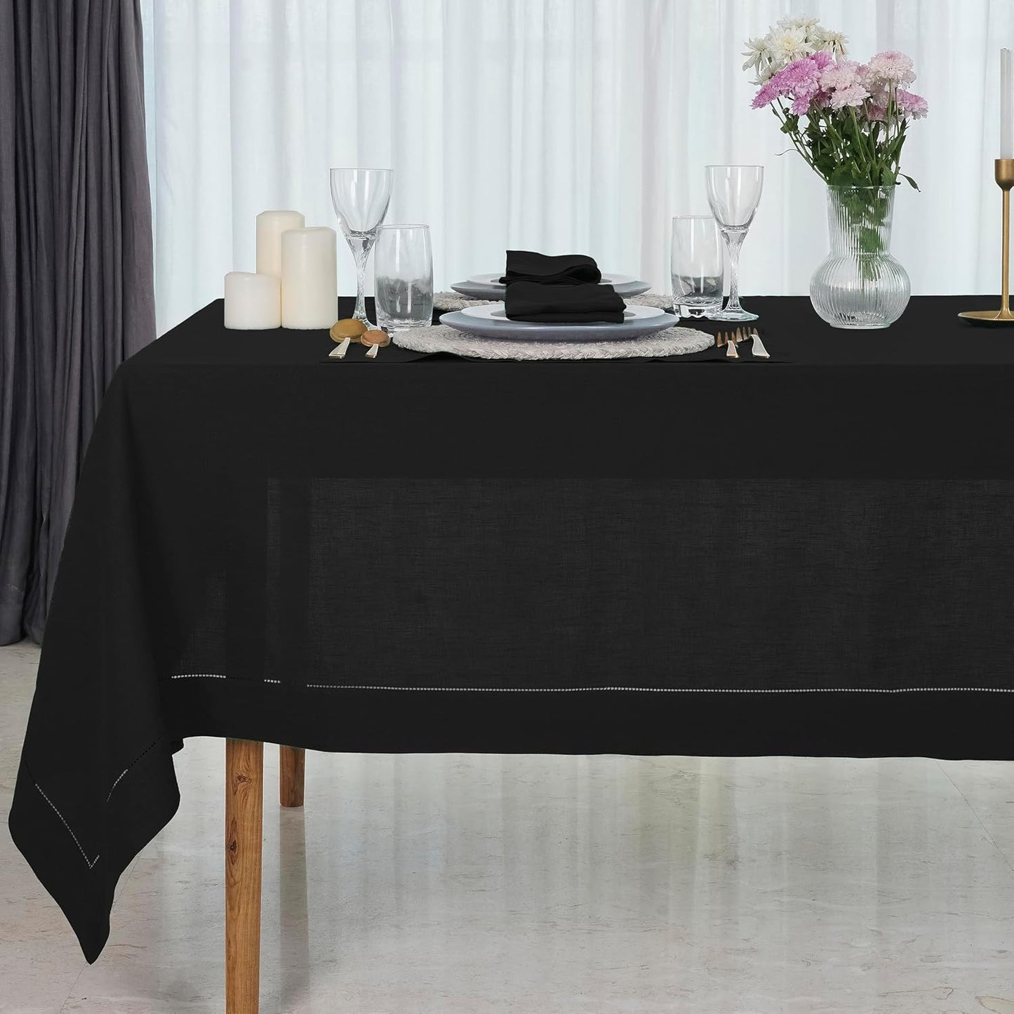 D'Moksha Homes Black Linen Tablecloth 60 x 120 Inch - 100% Pure Linen Hemstitch Tablecloth for Rectangle Tables - Classic Hemstitch, Machine Washable Table Cloth for Summer, Fall and Halloween