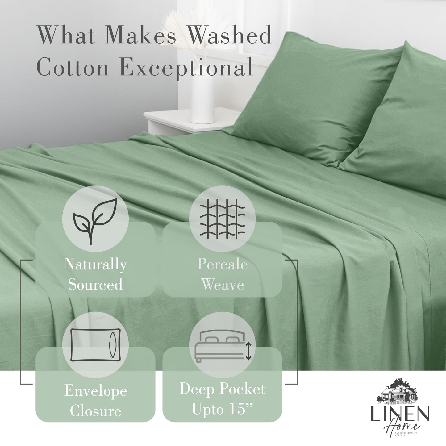 Linen Home Washed Cotton Percale Twin Sheet Set, Charcoal, Preshrunk, 3 Pieces Sets - 1 Flat, 1 Deep Pocket Fitted Sheet & 1 Envelope Closure Pillowcase, Soft, Cool and Comfortable Bed Linen