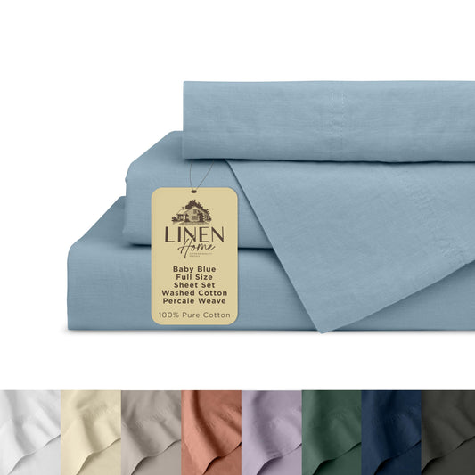 Linen Home Washed Cotton Percale Queen Sheet Set, Navy Blue, Preshrunk, 4 Pieces Sets - 1 Flat, 1 Deep Pocket Fitted Sheet & 2 Envelope Closure Pillowcases, Soft, Cool and Comfortable Bed Linen