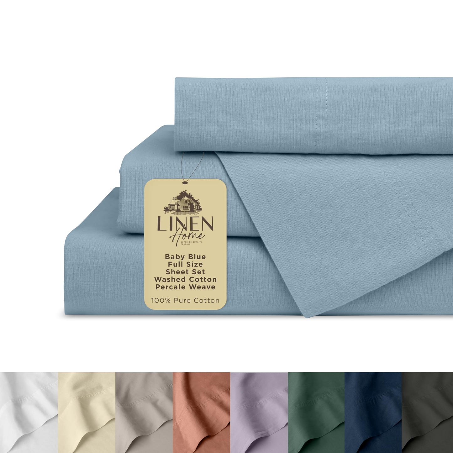 Linen Home Washed Cotton Percale Queen Sheet Set, Navy Blue, Preshrunk, 4 Pieces Sets - 1 Flat, 1 Deep Pocket Fitted Sheet & 2 Envelope Closure Pillowcases, Soft, Cool and Comfortable Bed Linen