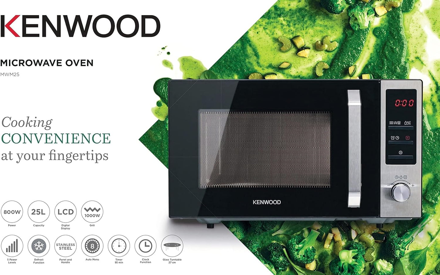 KENWOOD 25L Microwave Oven with Grill, Digital Display, 5 Power Levels, Defrost Function, Stainless Steel, Auto Menu, 95 Minutes Timer, Clock Function 800W MWM25.000BK Black/Silver