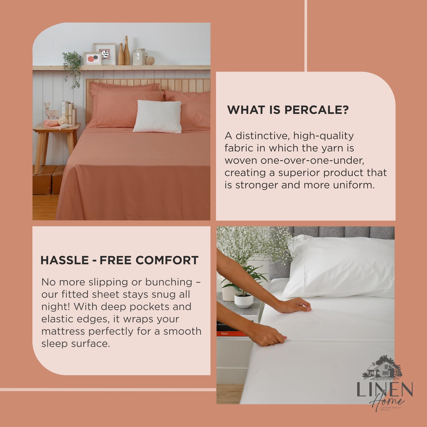 Linen Home 100% Cotton Percale Weave Fitted Sheet, Full Size, Charcoal, 1 Deep Pocket Fitted Sheet, Fits Mattress Upto 16" Crisp and Cool Strong Bed Linen, 54"X75"+15"