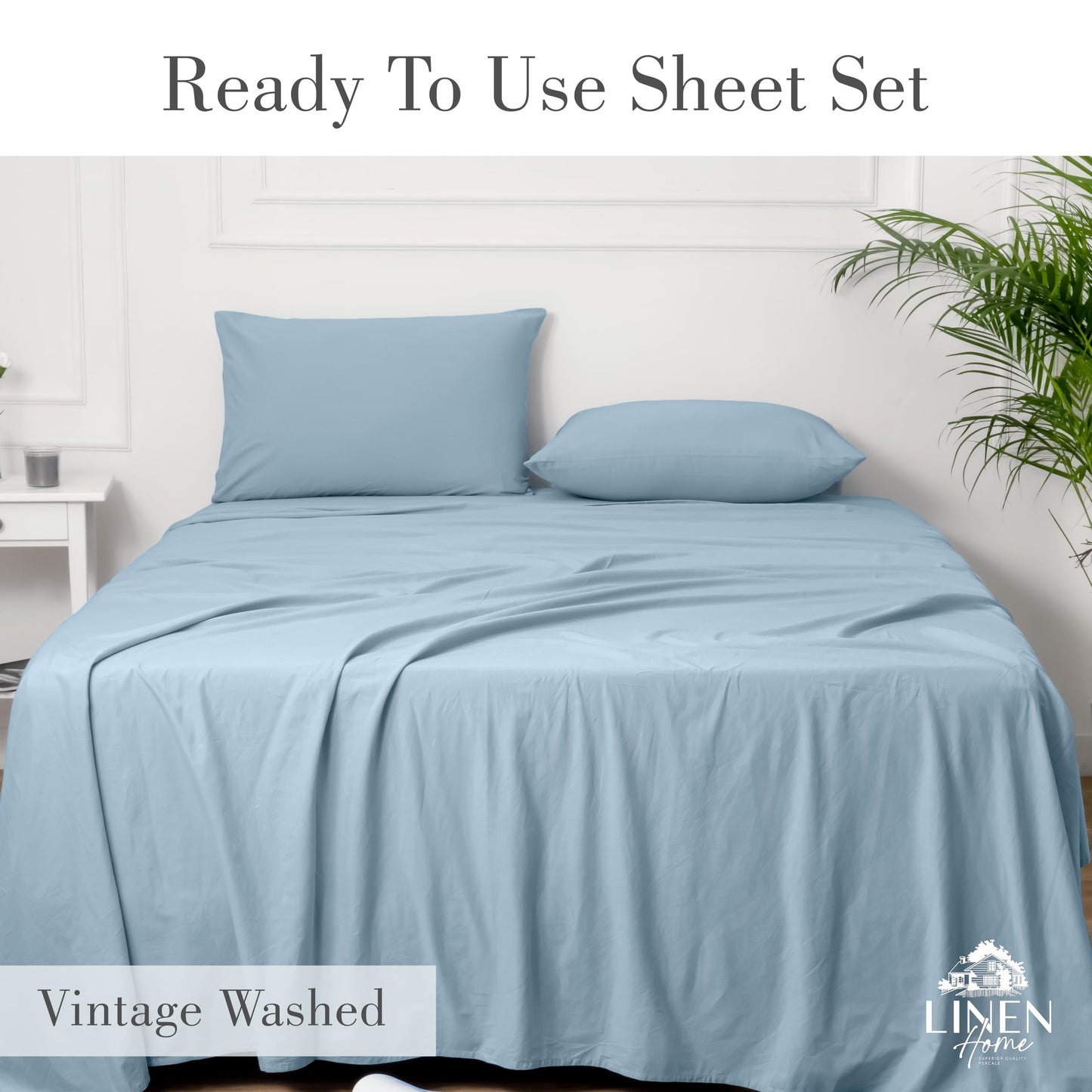 Linen Home Washed Cotton Percale Full Sheet Set, Sage, Preshrunk, 4 Pieces Sets - 1 Flat, 1 Deep Pocket Fitted Sheet & 2 Envelope Closure Pillowcases, Soft, Cool and Comfortable Bed Linen