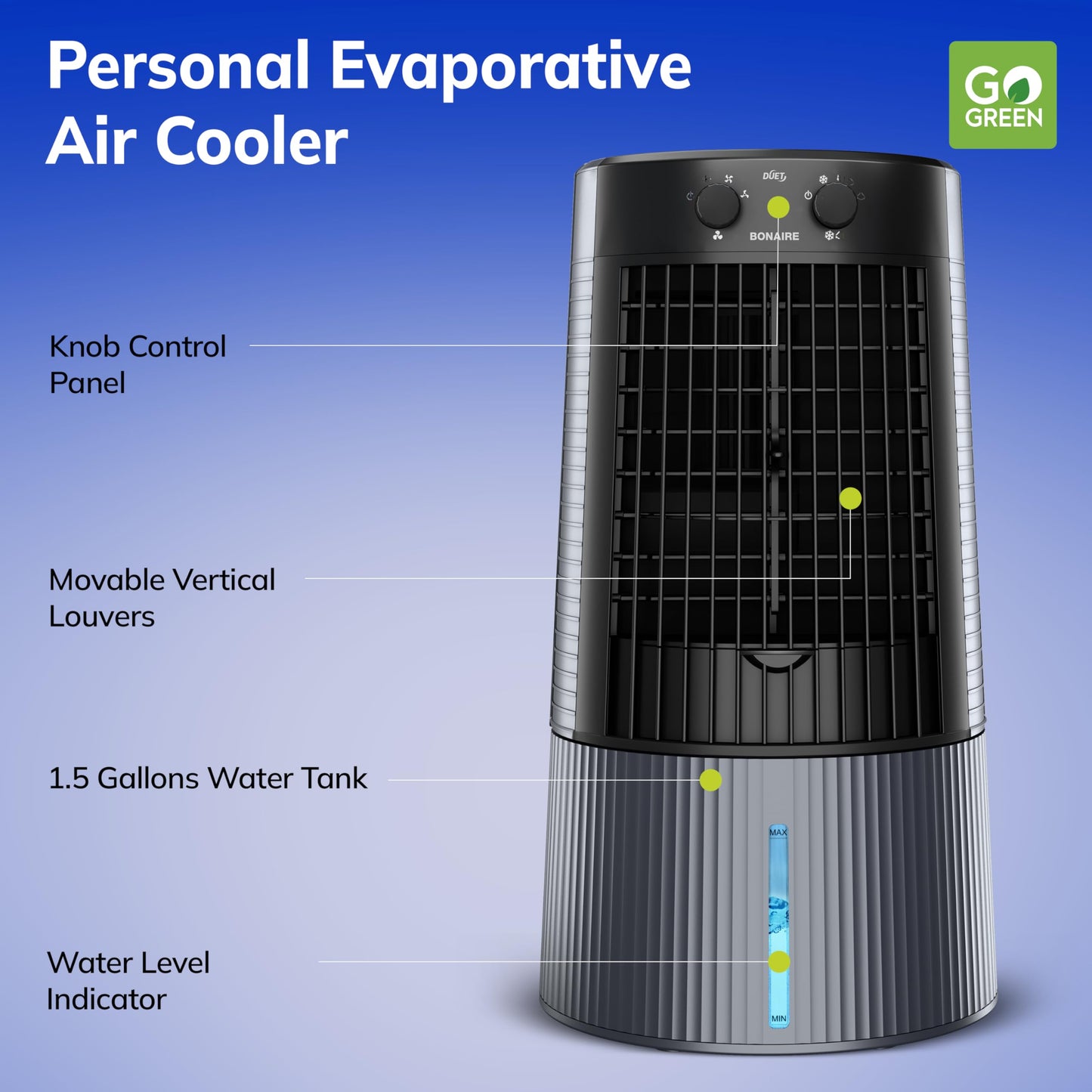 Bonaire Portable Air Conditioner 350 CFM Evaporative Air Cooler for Home Bedroom Office Indoor with Touch Control Panel and Remote, Closable Louvers, 3 Gallon, K350