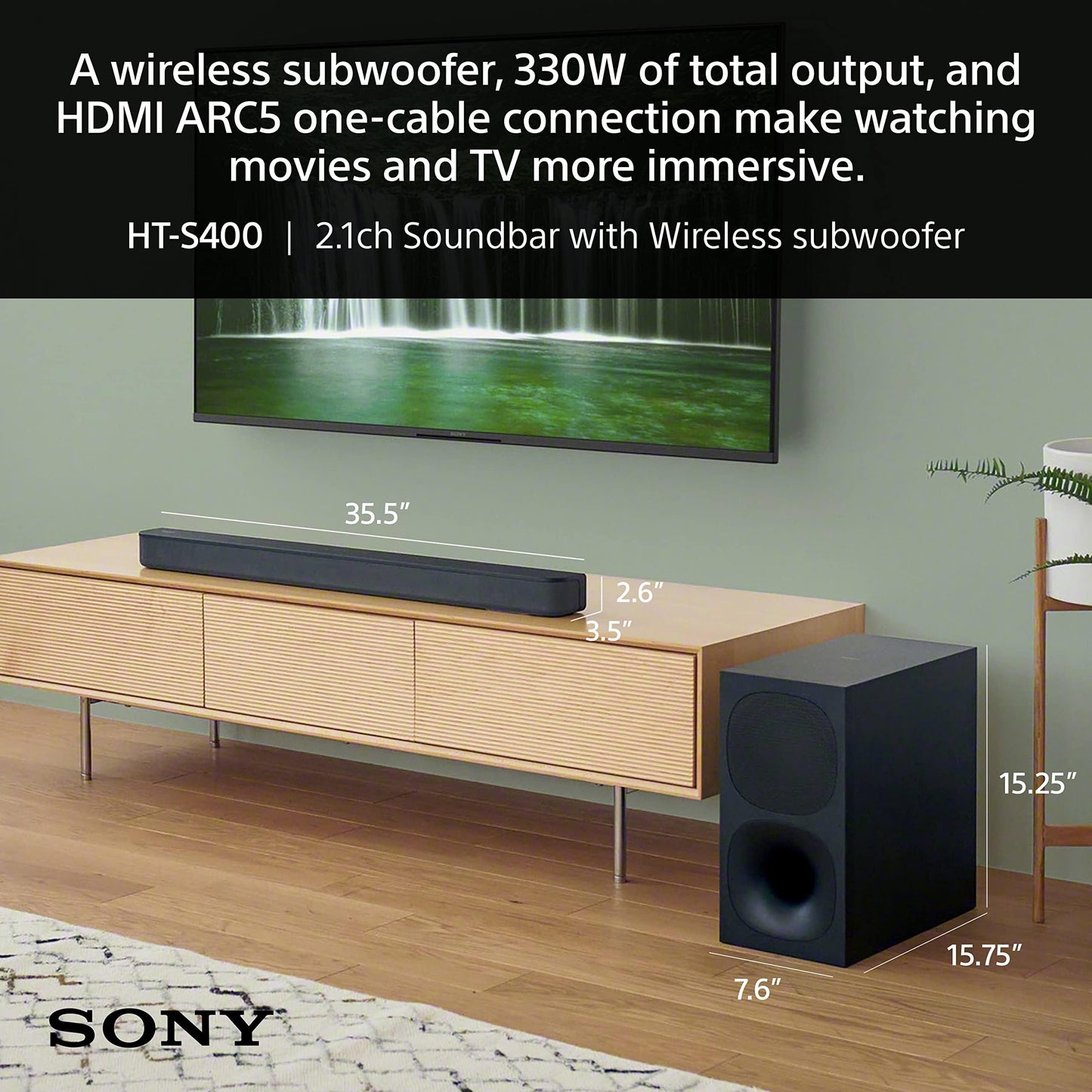 Sony HT-S400 2.1ch soundbar with Powerful Wireless subwoofer, S-Force PRO Front Surround Sound and Dolby Digital (330W, Wireless Connectivity, Bluetooth)