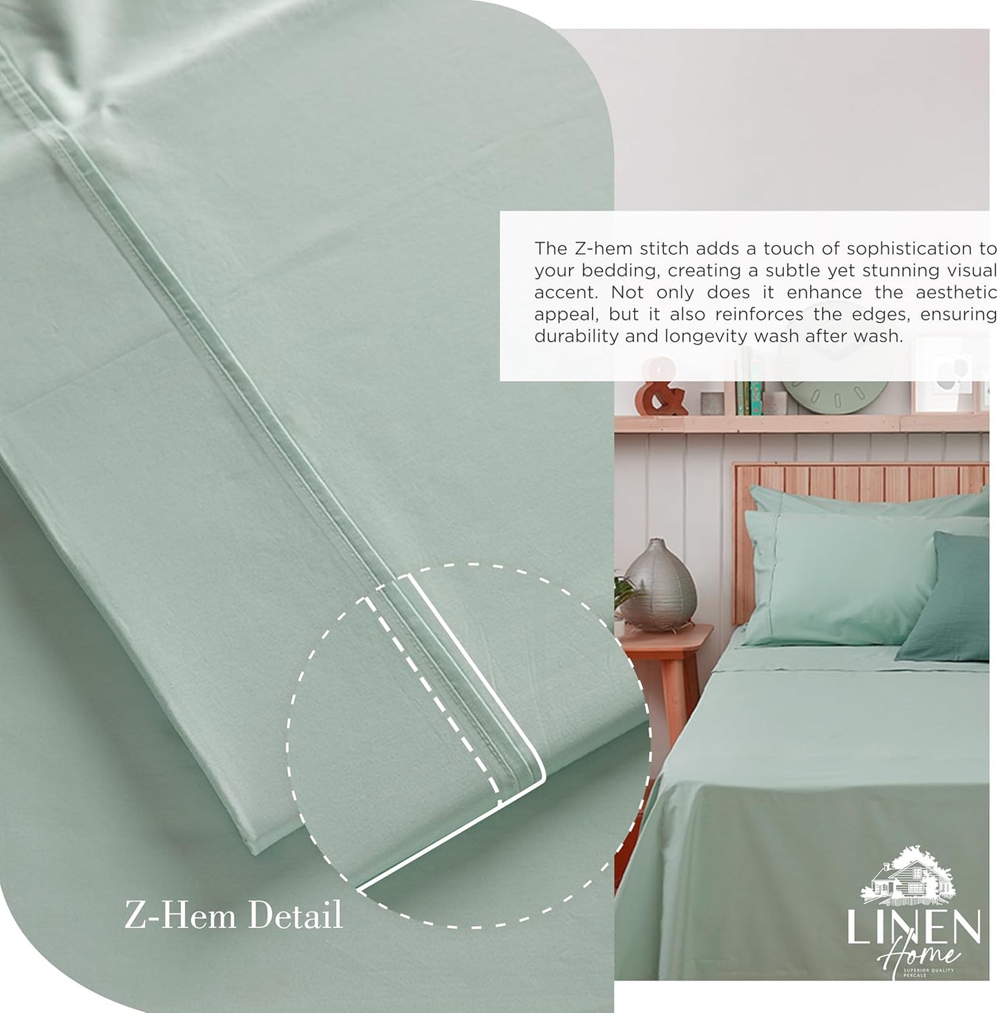 Linen Home 100% Cotton Percale Sheets King Size, Pastel Turk, Deep Pocket, 4 Pieces Set - 1 Flat, 1 Deep Pocket Fitted Sheet and 2 Pillowcases, Crisp Cool and Strong Bed Linen