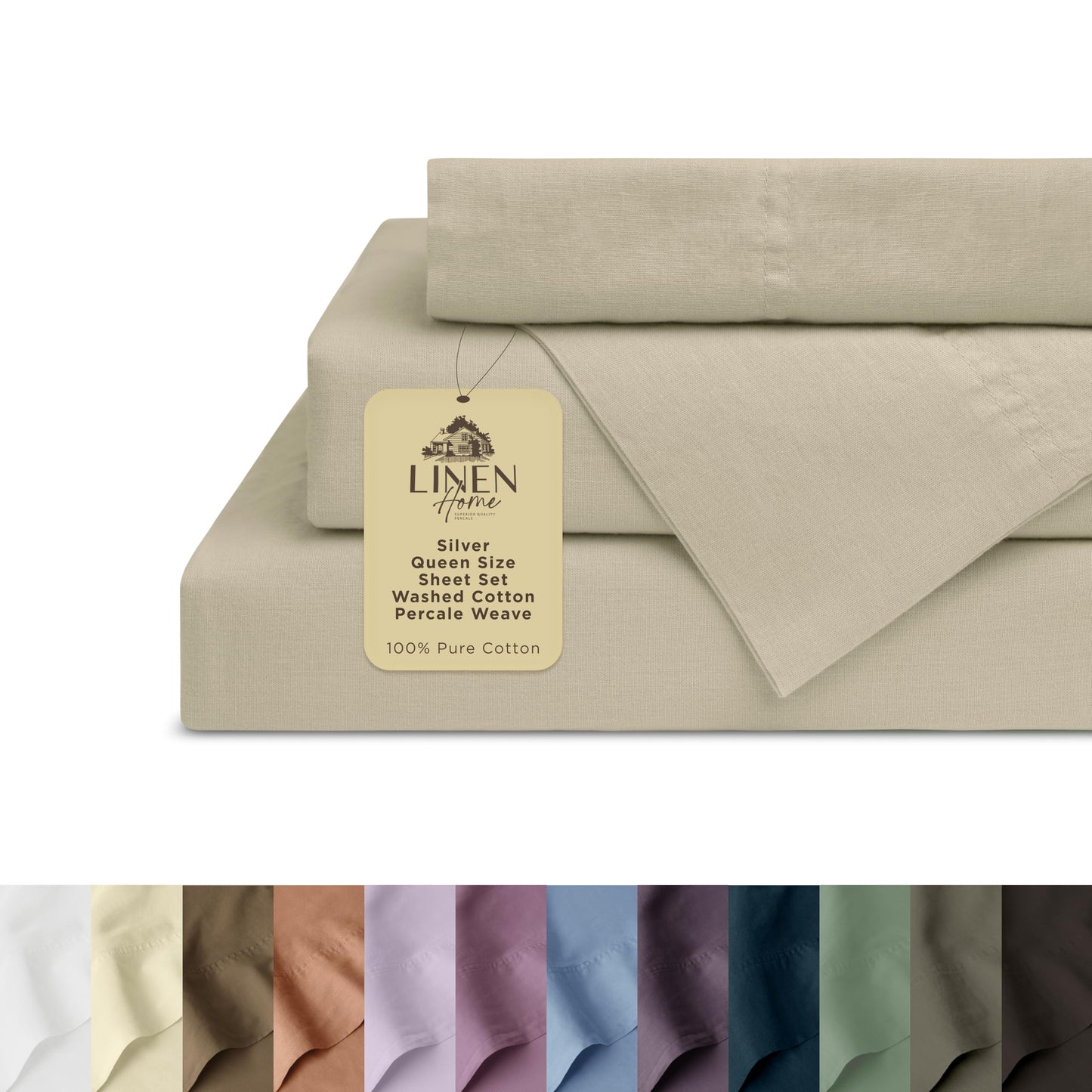 Linen Home Washed Cotton Percale Full Sheet Set, Sage, Preshrunk, 4 Pieces Sets - 1 Flat, 1 Deep Pocket Fitted Sheet & 2 Envelope Closure Pillowcases, Soft, Cool and Comfortable Bed Linen