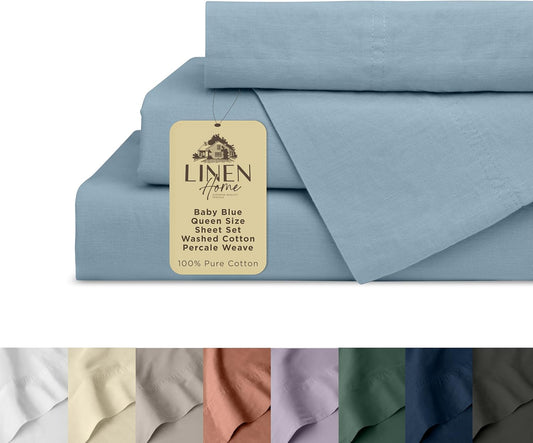 Linen Home Washed Cotton Percale Queen Sheet Set, Baby Blue, Preshrunk, 4 Pieces Sets - 1 Flat, 1 Deep Pocket Fitted Sheet & 2 Envelope Closure Pillowcases, Soft, Cool and Comfortable Bed Linen