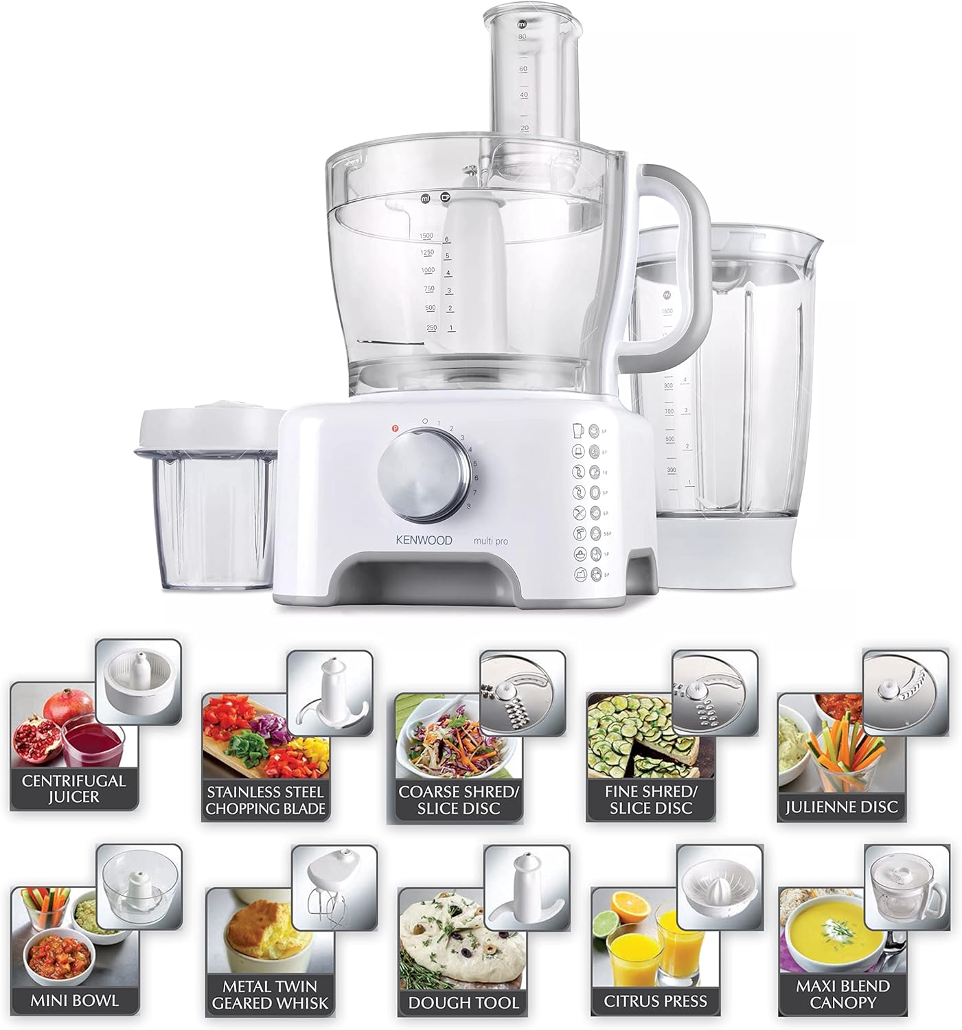Kenwood Food Processor 750W Multi-Functional With 3 Interchangeable Disks, Blender, Whisk, Dough Maker Fdp03 White