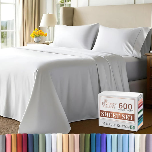 Soft 600 Thread Count Cotton Sheets California King White, 100% Long Staple Cotton Soft & Comfortable Sateen Bed Sheets fit Upto 15 inch Deep Pocket (White Cal King Sheets Sets)