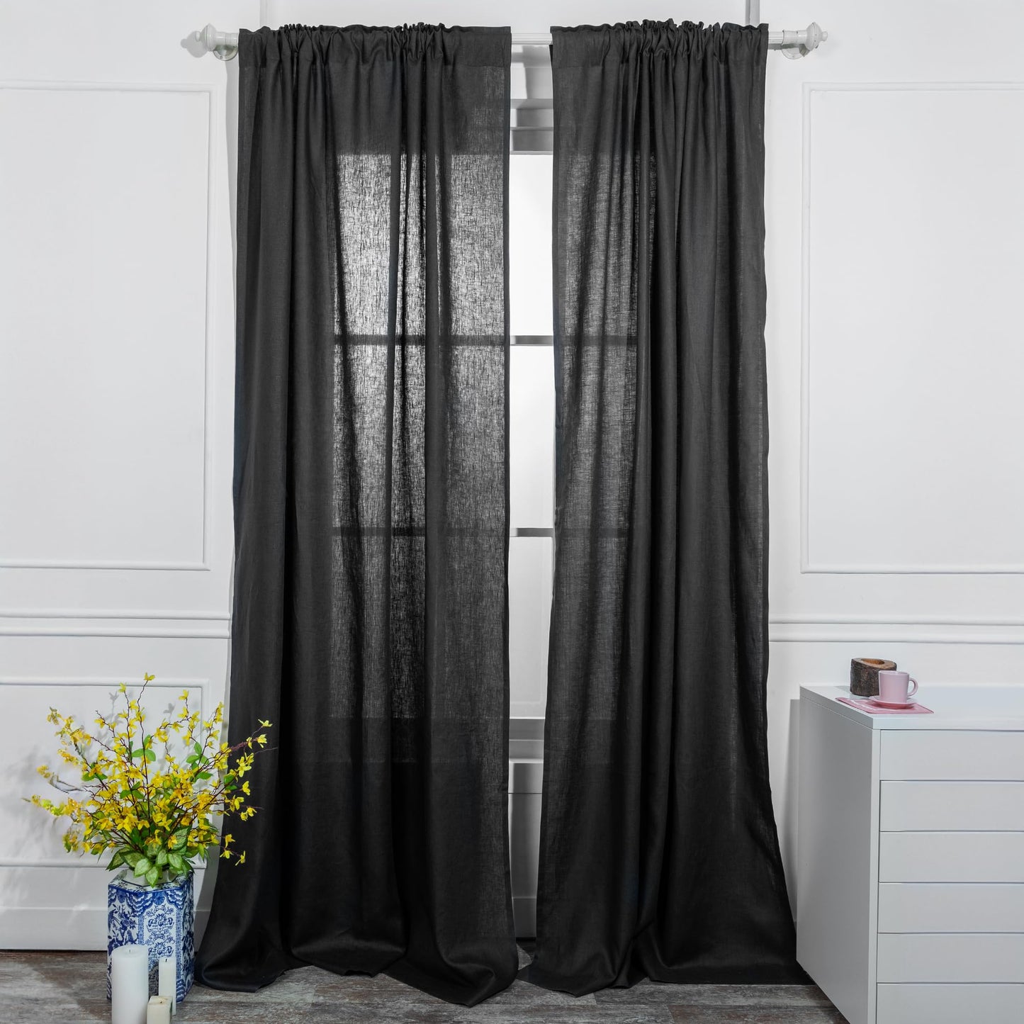 D'Moksha Homes European Flax Linen Curtain Black - 52 x 63 Inch Light Filtering Rod Pocket Curtain 63 Inch 1 Panel - 100% Pure Linen Window Treatment for Living Room, Bedroom