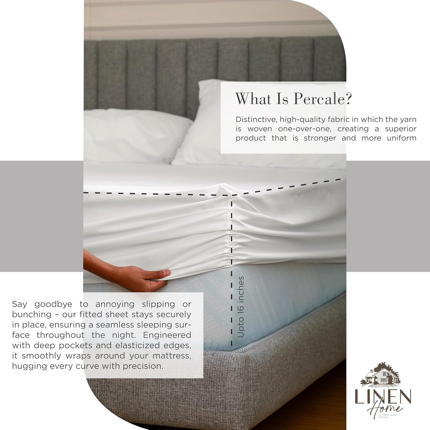 Linen Home 100% Cotton Percale Sheets King Size, Snow White, Deep Pocket, 4 Pieces Set - 1 Flat, 1 Deep Pocket Fitted Sheet and 2 Pillowcases, Crisp Cool and Strong Bed Linen