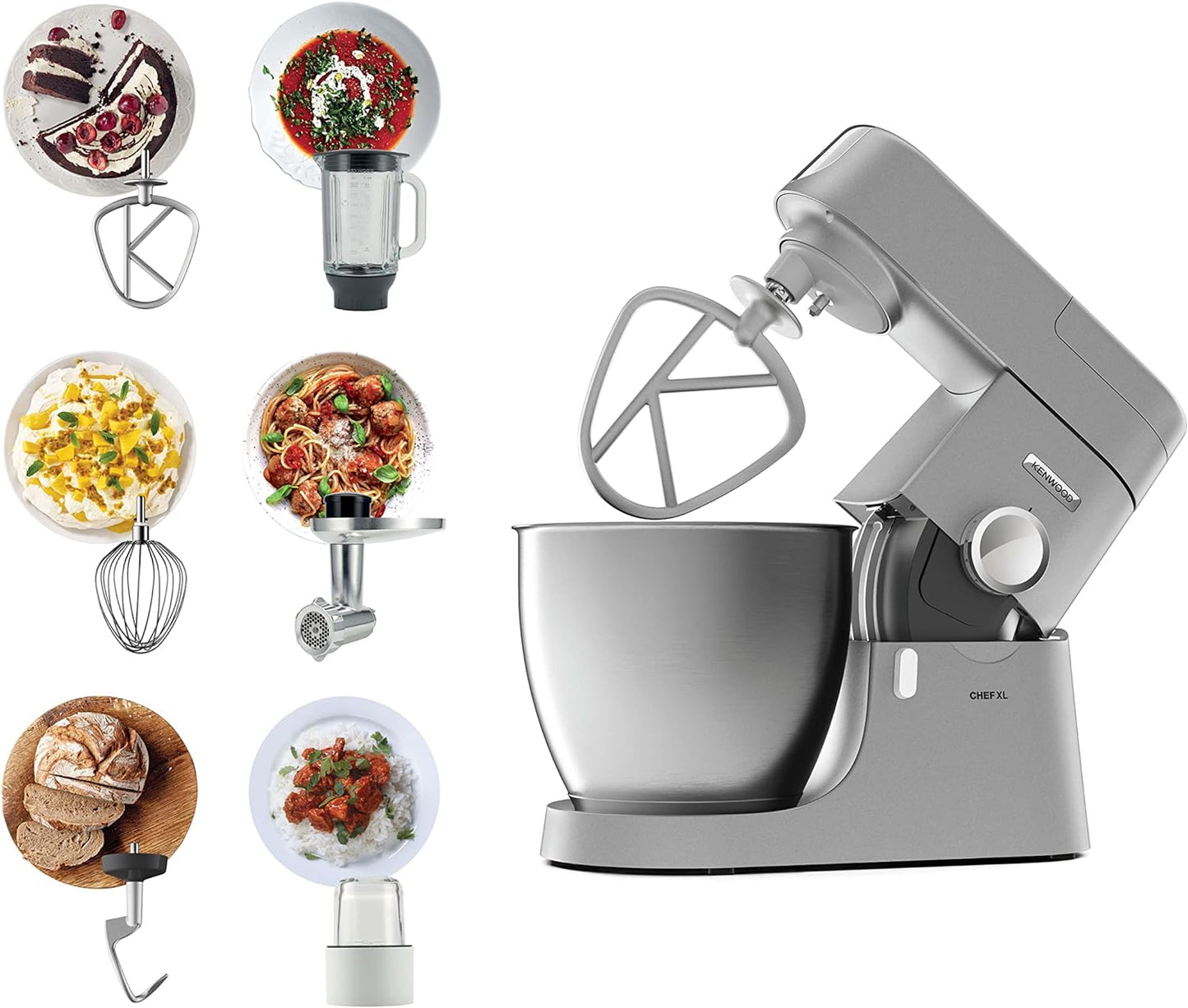KENWOOD Stand Mixer Kitchen Machine Metal Body CHEF XL 1200W with 6.7L Stainless Steel Bowl, K-Beater, Whisk, Dough Hook, Blender KVL4110S Silver