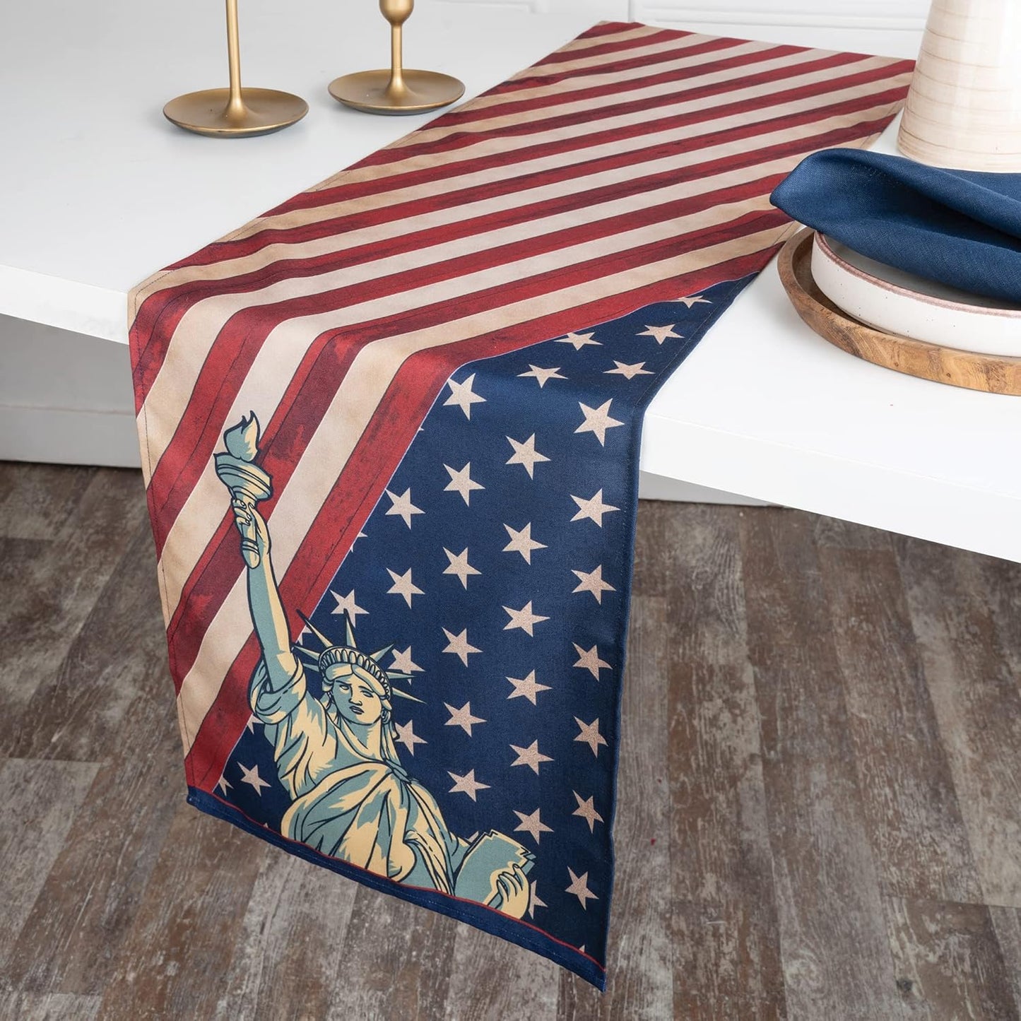D'Moksha Homes 4th of July Table Runner 36 inches Long - Statue of Liberty, Faux Linen, Fourth of July Table Runner 13 x 36 Inch, Americana Flag Table Runner, Memorial Day Table Runner for Home Party