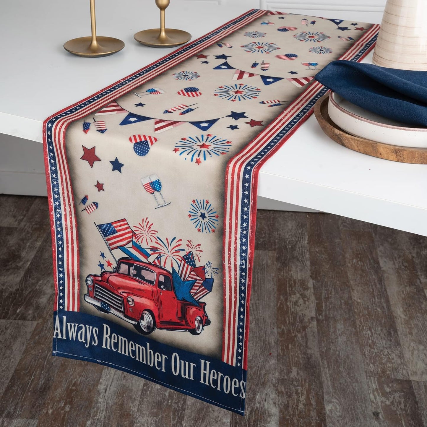D'Moksha Homes 4th of July Table Runner 48 inches Long, Always Remember Our Heroes, Faux Linen, Fourth of July Table Runner 13x48 Inch, Patriotic Table Runner, Memorial Day Table Runner for Home Party