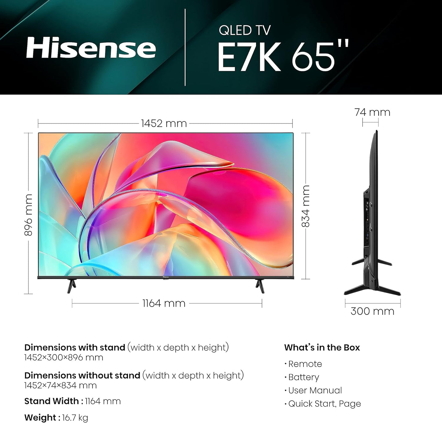 HISENSE QLED Smart TV, 55 Inch E7K with Quantum Dot Colour, Dolby Vision·Atmos, Share to TV, Voice Control and Game Mode VRR ALLM, AI Sports Mode, Youtube, Netflix, Shahid and Anghami,55E7K