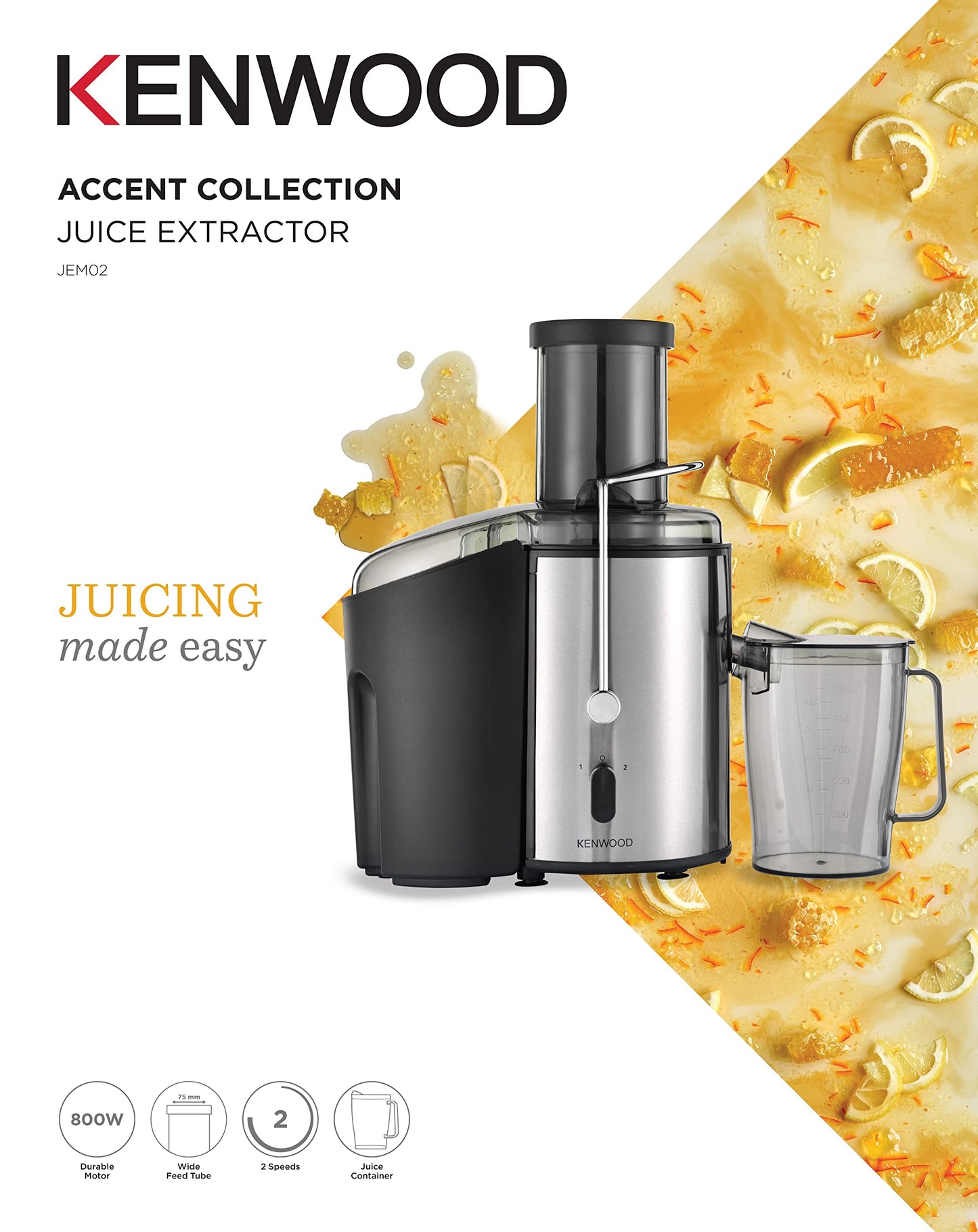 KENWOOD Juicer 800W Juice Extractor with 75mm Wide Feed Tube, 2 Speed, Transparent Juice Jug, Pulp Container, Anti Drip for Home, Office, Restaurant & Cafeteria JEP02.A0WH White