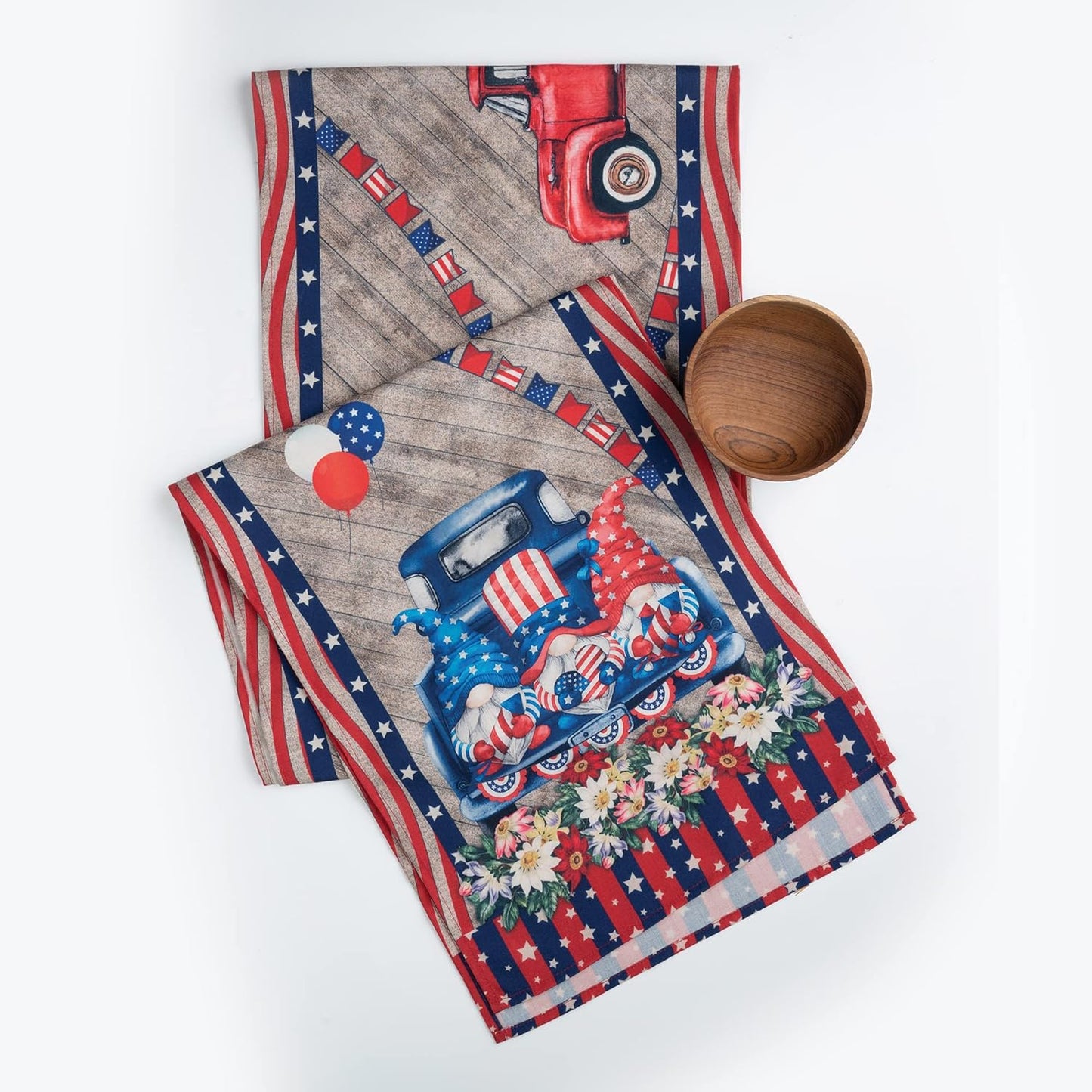 D'Moksha Homes 4th of July Table Runner 36 inches Long - Farmtruck Gnomes, Faux Linen, Fourth of July Table Runner 13 x 36 Inch, Gnomes Table Runner, Patriotic Table Runner for Home Party Decoration