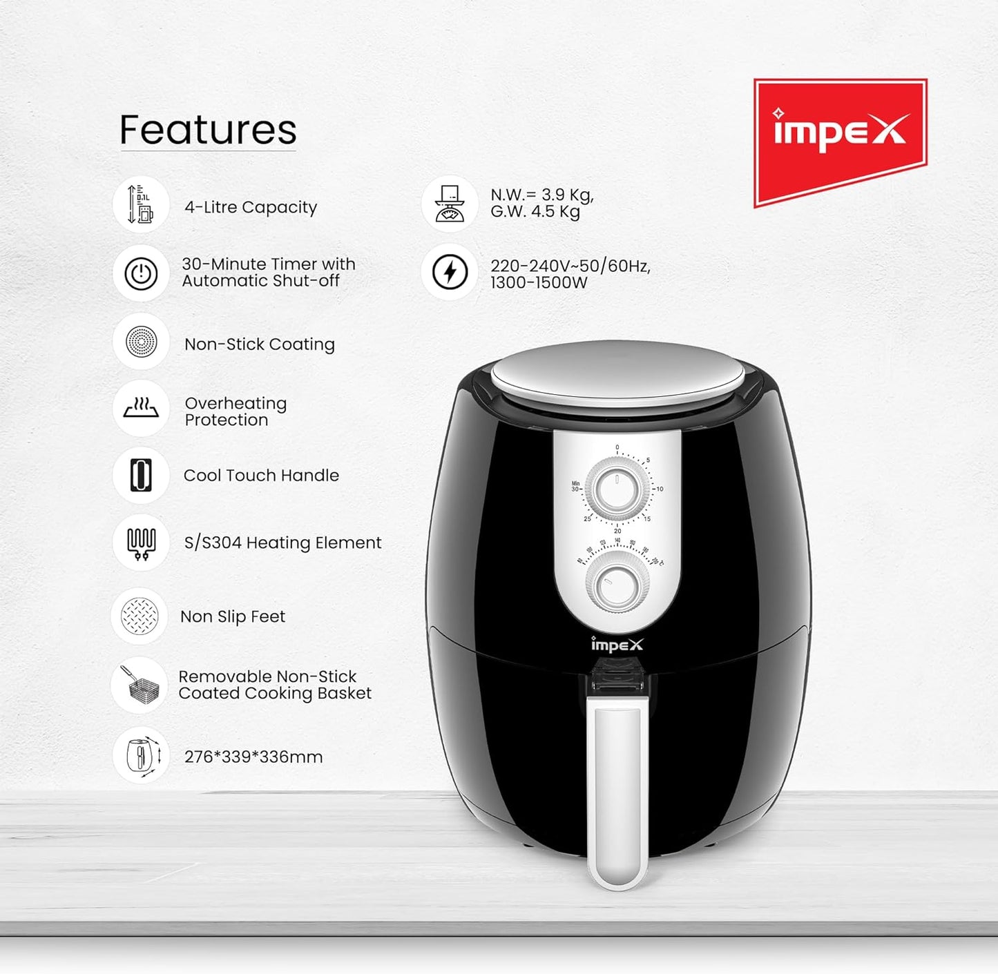 Impex 2.5 Ltr Air Fryer - Ideal for Meat, Fish, Vegetables, French Fries, Temperature Control 80°C-200°C, Timer 30 Mins with 2 Year Warranty-Black (AF 4302)