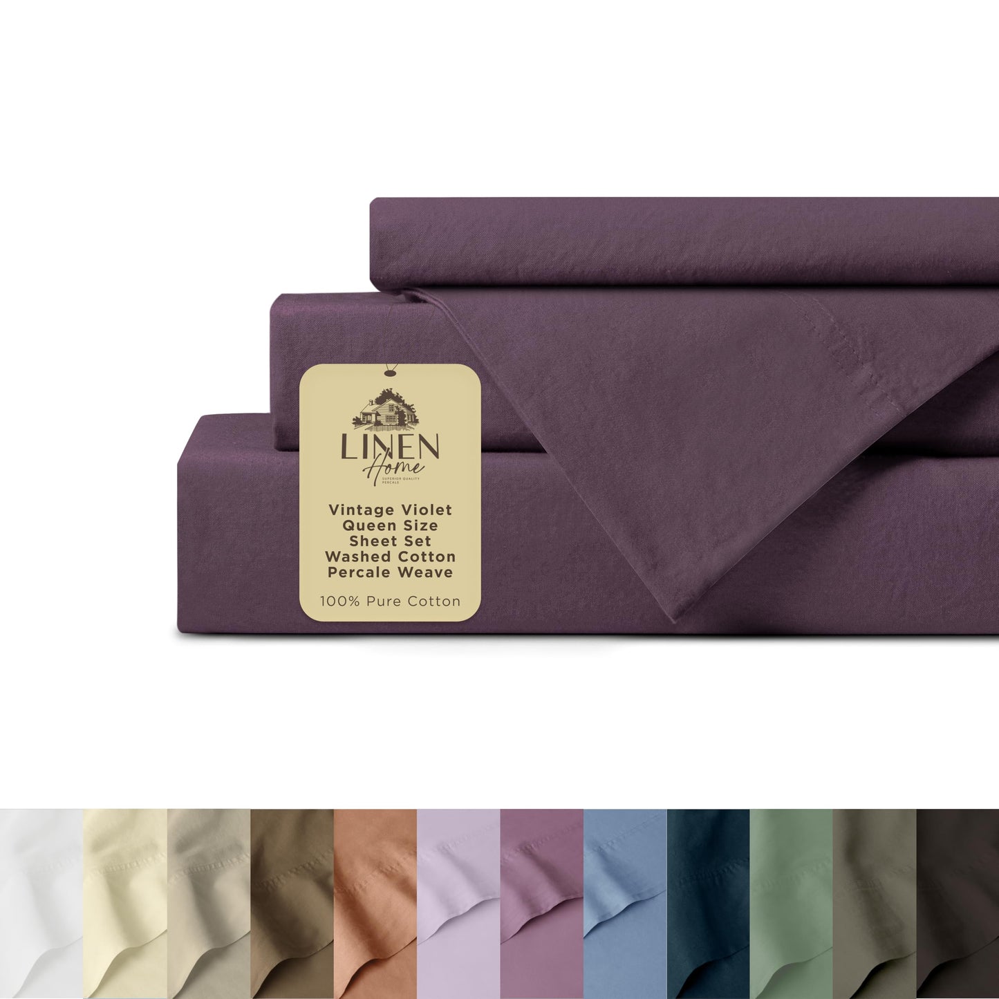 Linen Home Washed Cotton Percale Full Sheet Set, Sage, Preshrunk, 4 Pieces Sets - 1 Flat, 1 Deep Pocket Fitted Sheet & 2 Envelope Closure Pillowcases, Soft, Cool and Comfortable Bed Linen