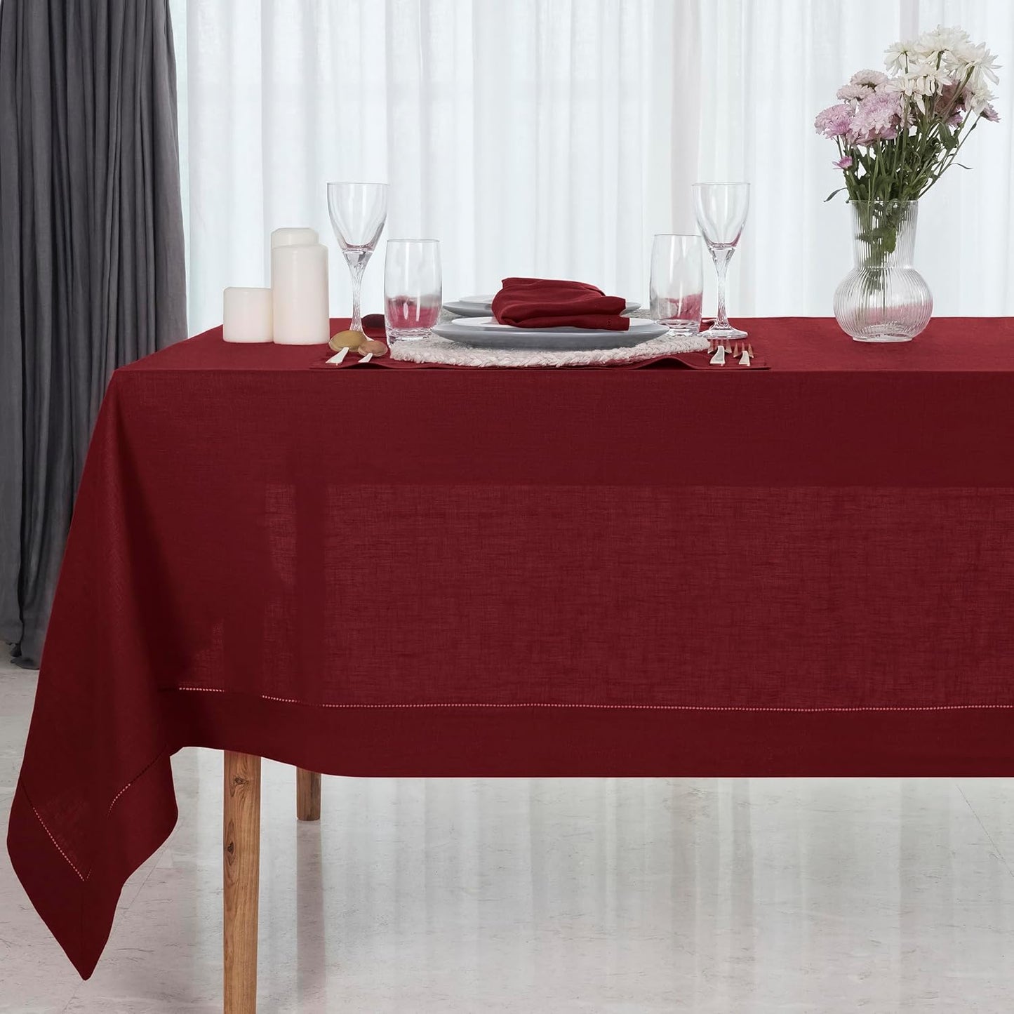 D'Moksha Homes Black Linen Tablecloth for Rectangle Tables 60 x 90 Inch - 100% Pure Linen Black Table Cloth - Classic Hemstitch, Machine Washable Tablecloth for Summer, Fall and Halloween