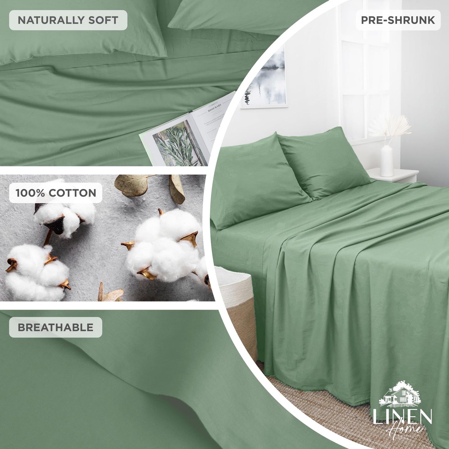 Linen Home Washed Cotton Percale Twin Sheet Set, Charcoal, Preshrunk, 3 Pieces Sets - 1 Flat, 1 Deep Pocket Fitted Sheet & 1 Envelope Closure Pillowcase, Soft, Cool and Comfortable Bed Linen