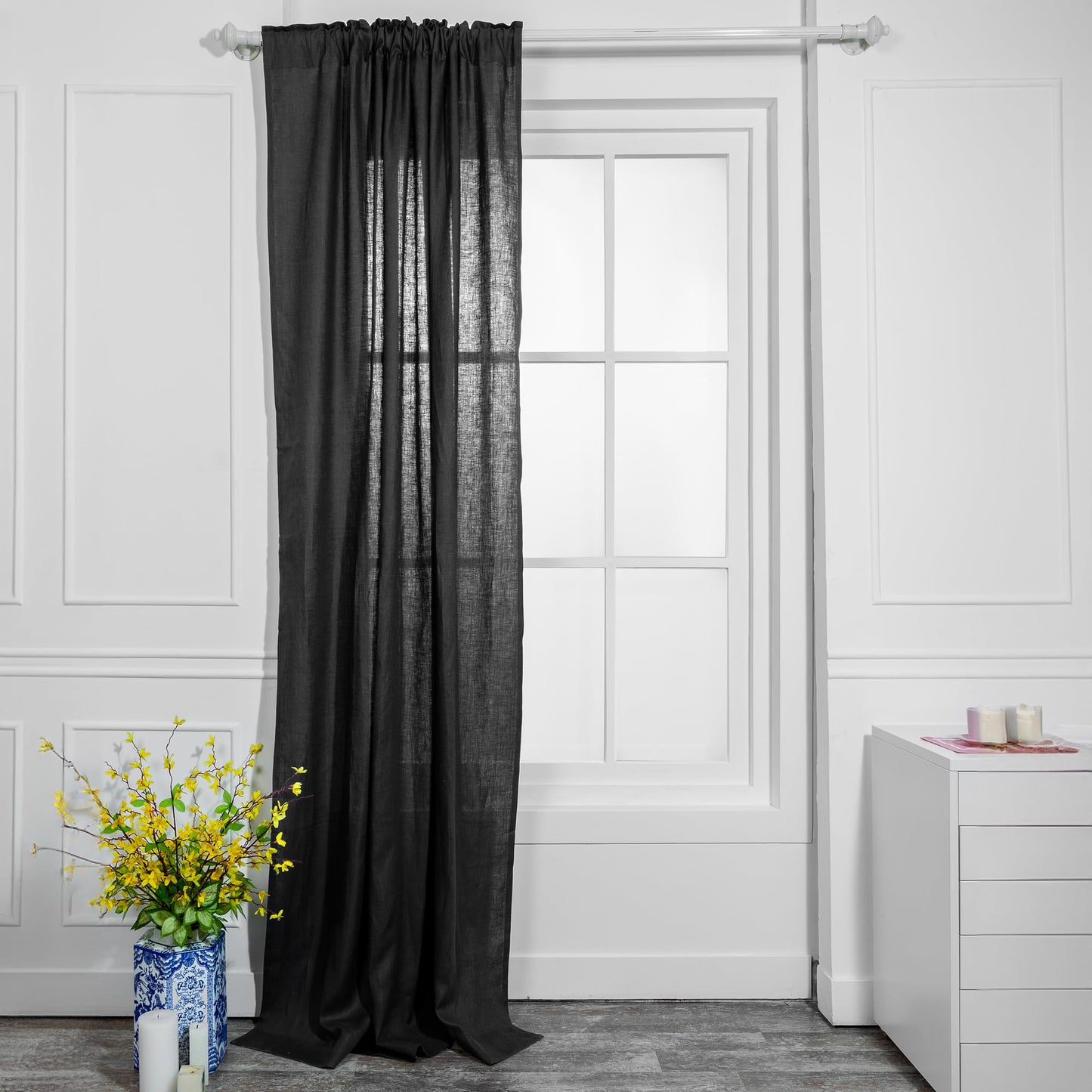 D'Moksha Homes Black Linen Curtain 84 Inch - Light Filtering Rod Pocket Curtain 52 x 84 Inch 1 Panel - 100% Pure Linen European Flax Window Treatment for Living Room, Bedroom