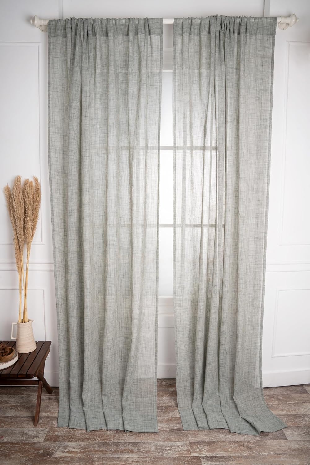 D'Moksha Homes White and Grey Faux Linen Curtains 63 Inches Long - 52 x 63 Inch 2 Panels Light Filtering Rod Pocket Sheer Curtains - Recycled Fabric Faux Jute - Window Treatment for Living Room