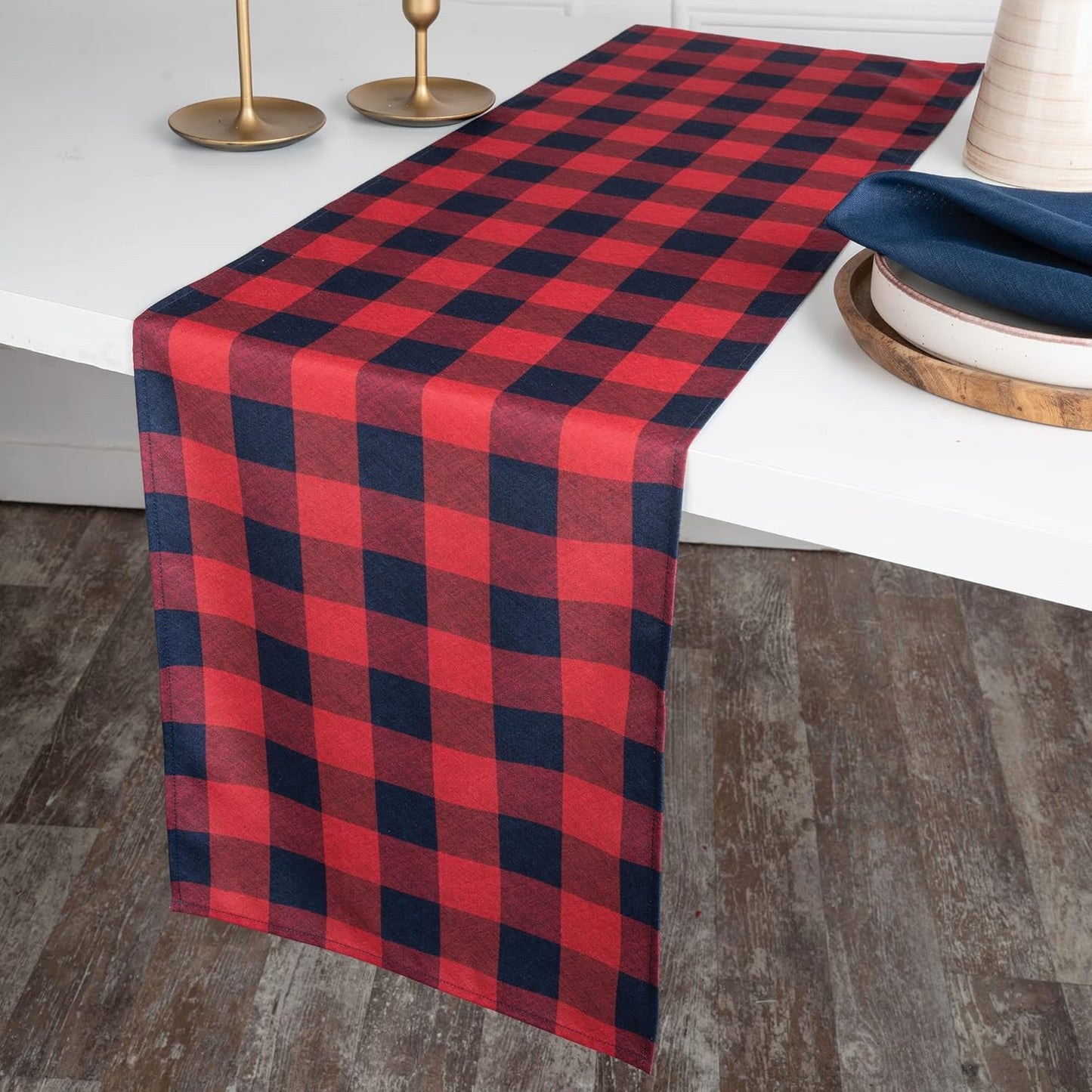 D'Moksha Homes 4th of July Table Runner 90 inches Long - Red and Navy Blue Check, Faux Linen, Fourth of July Table Runner 13 x 90 Inch, Memorial Day Decorations, Patriotic Table Runner for Home Party