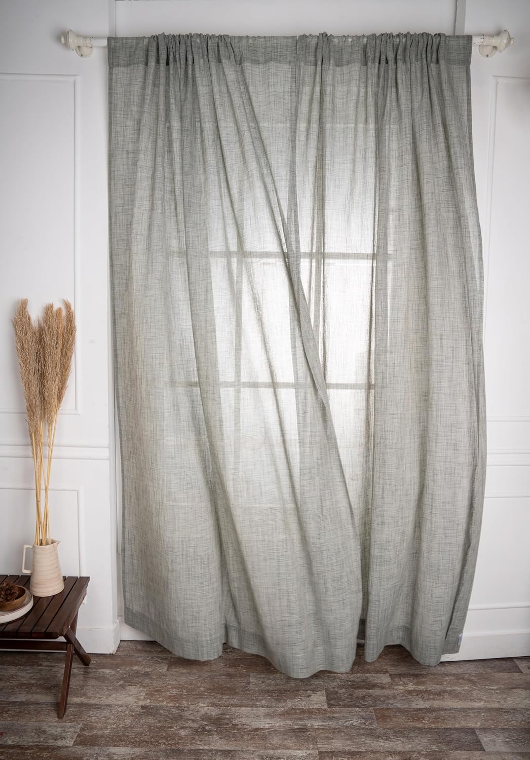 D'Moksha Homes White and Grey Faux Linen Curtains 63 Inches Long - 52 x 63 Inch 2 Panels Light Filtering Rod Pocket Sheer Curtains - Recycled Fabric Faux Jute - Window Treatment for Living Room
