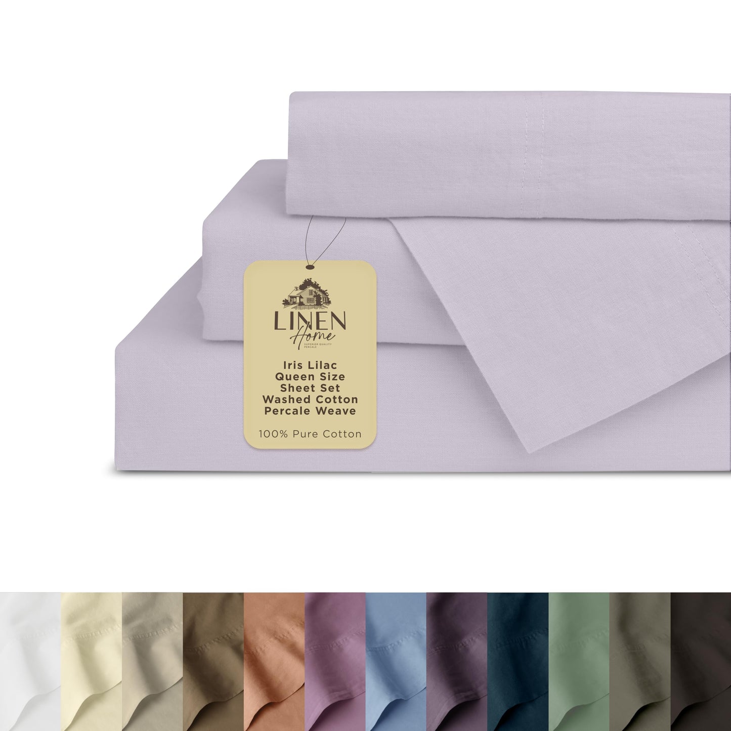 Linen Home Washed Cotton Percale Twin Sheet Set, Charcoal, Preshrunk, 3 Pieces Sets - 1 Flat, 1 Deep Pocket Fitted Sheet & 1 Envelope Closure Pillowcase, Soft, Cool and Comfortable Bed Linen