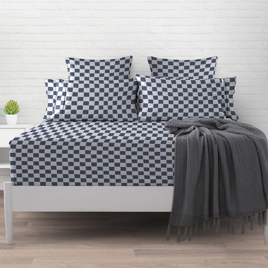 Pizuna Cotton Navy Smart Plaid Fitted Sheet Queen Size 1 Pc, 400 Thread Count 100% Long Staple Cotton Queen Fitted Sheet Only Sateen 15 Inch Deep Pocket Queen Sheets (Printed Cotton Sheets)
