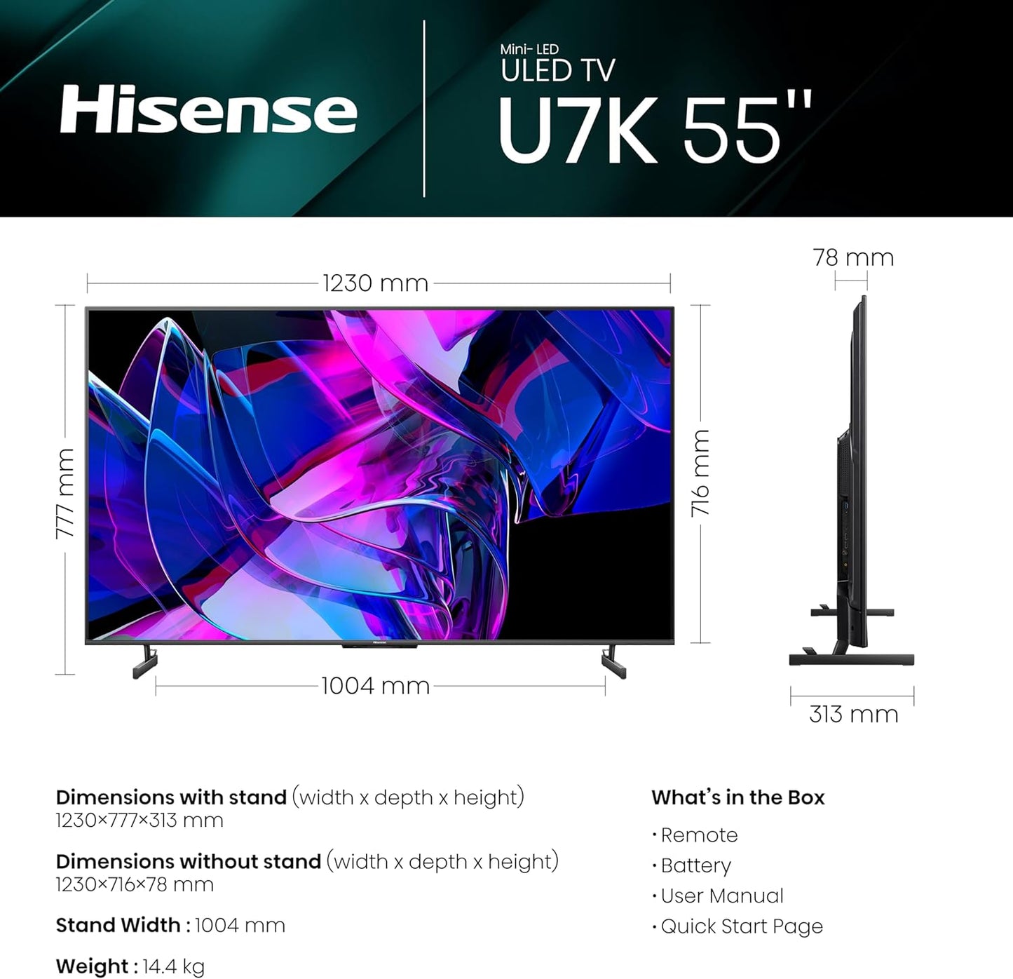 Hisense 55-Inch U7 Series Mini-LED ULED 4K UHD Smart TV (55U7K, 2024 Model) - QLED, Native 144Hz, 1000-Nit, Dolby Vision IQ, Full Array Local Dimming, Game Mode Pro, Alexa Compatibility