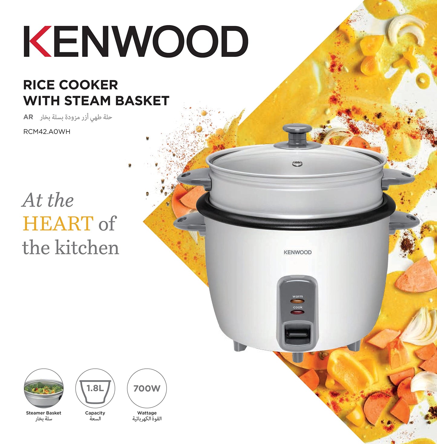 KENWOOD 2-in-1 Rice Cooker 1.8L 10-Cups Rice with Food Steamer Basket, Non-Stick Cooking Pot, Temepered Glass Lid, Warm/Cook Lights, Spatula Holder, Detachable Cord RCM44.000RD Red