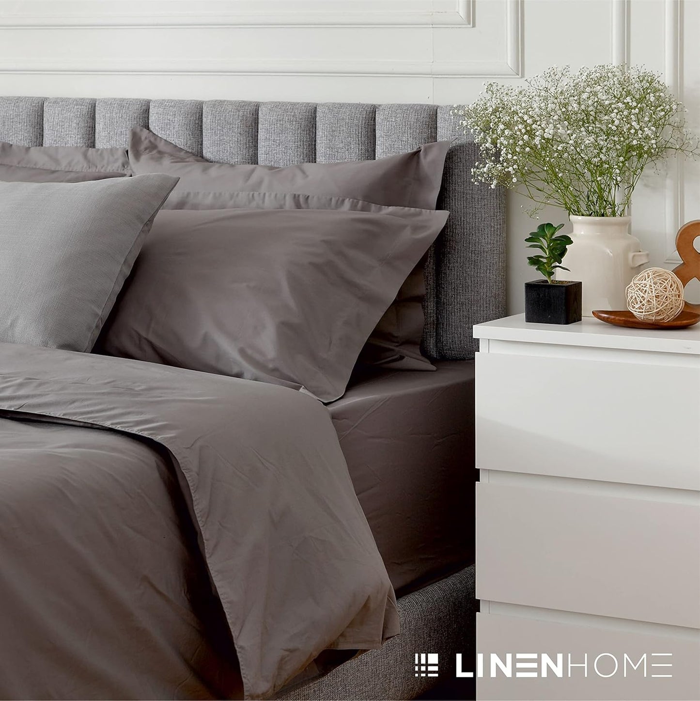 Linen Home 100% Cotton Duvet Cover Set, Full/Queen, Crisp and Cool Soft and Breathable Duvet Cover with Button Closure, Bed Linen All-Season Luxury, 3 Pieces-1 Duvet Cover & 2 Pillow sham, Charcoal