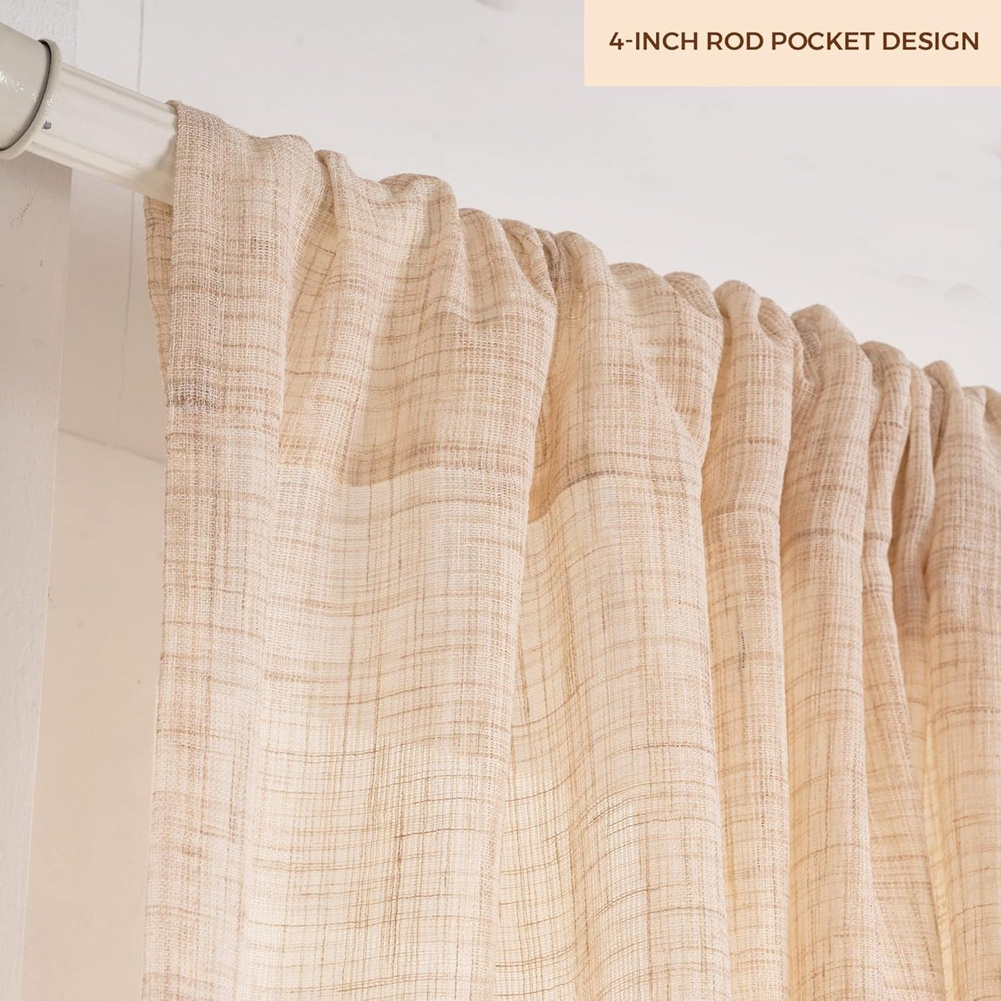 D'Moksha Homes White and Grey Faux Linen Curtains 63 Inches Long - 52 x 63 Inch 2 Panels Light Filtering Rod Pocket Sheer Curtains - Recycled Fabric Faux Jute - Window Treatment for Living Room