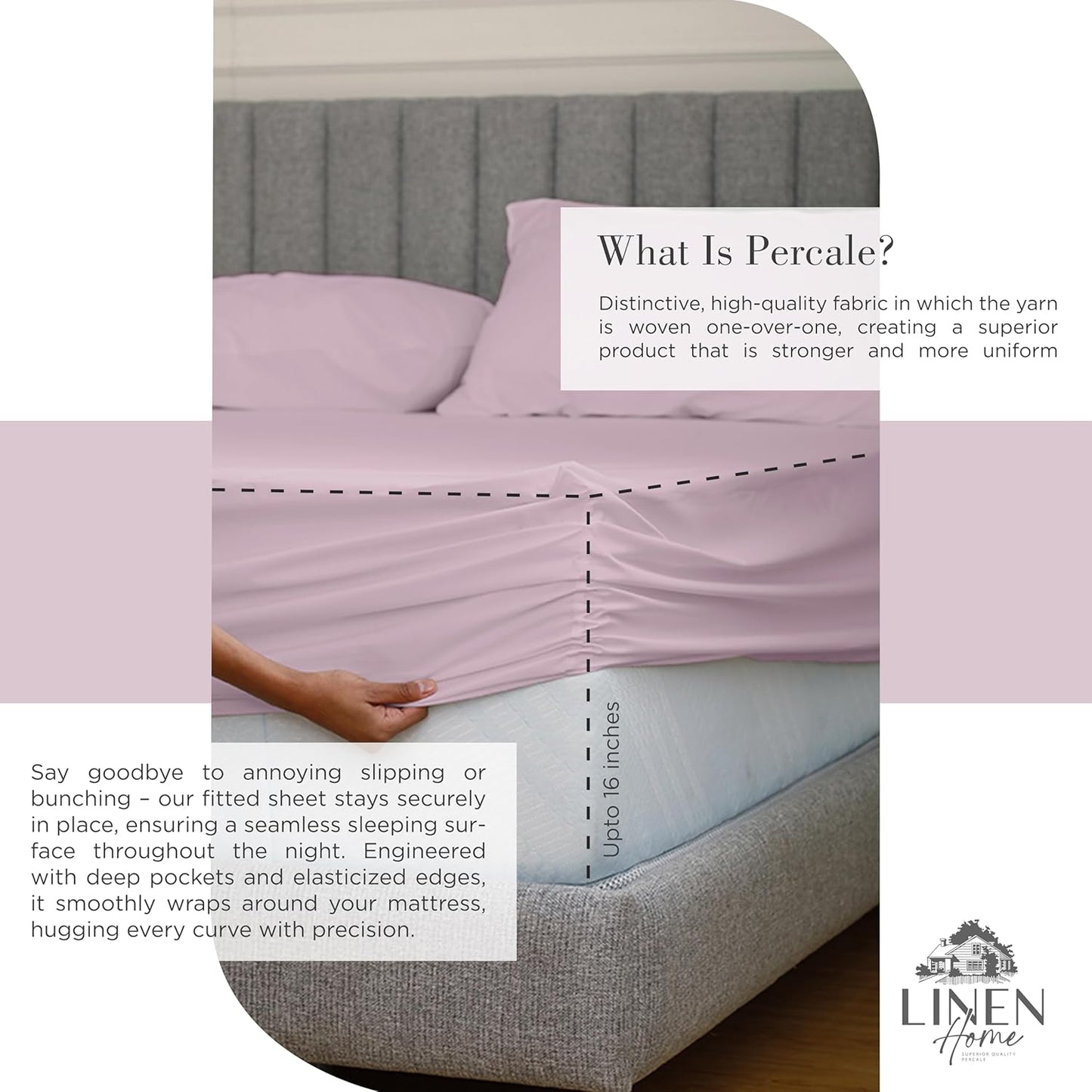 Linen Home 100% Cotton Percale Sheets King Size, Mauve Lavender, Deep Pocket, 4 Pieces Set - 1 Flat, 1 Deep Pocket Fitted Sheet and 2 Pillowcases, Crisp Cool and Strong Bed Linen