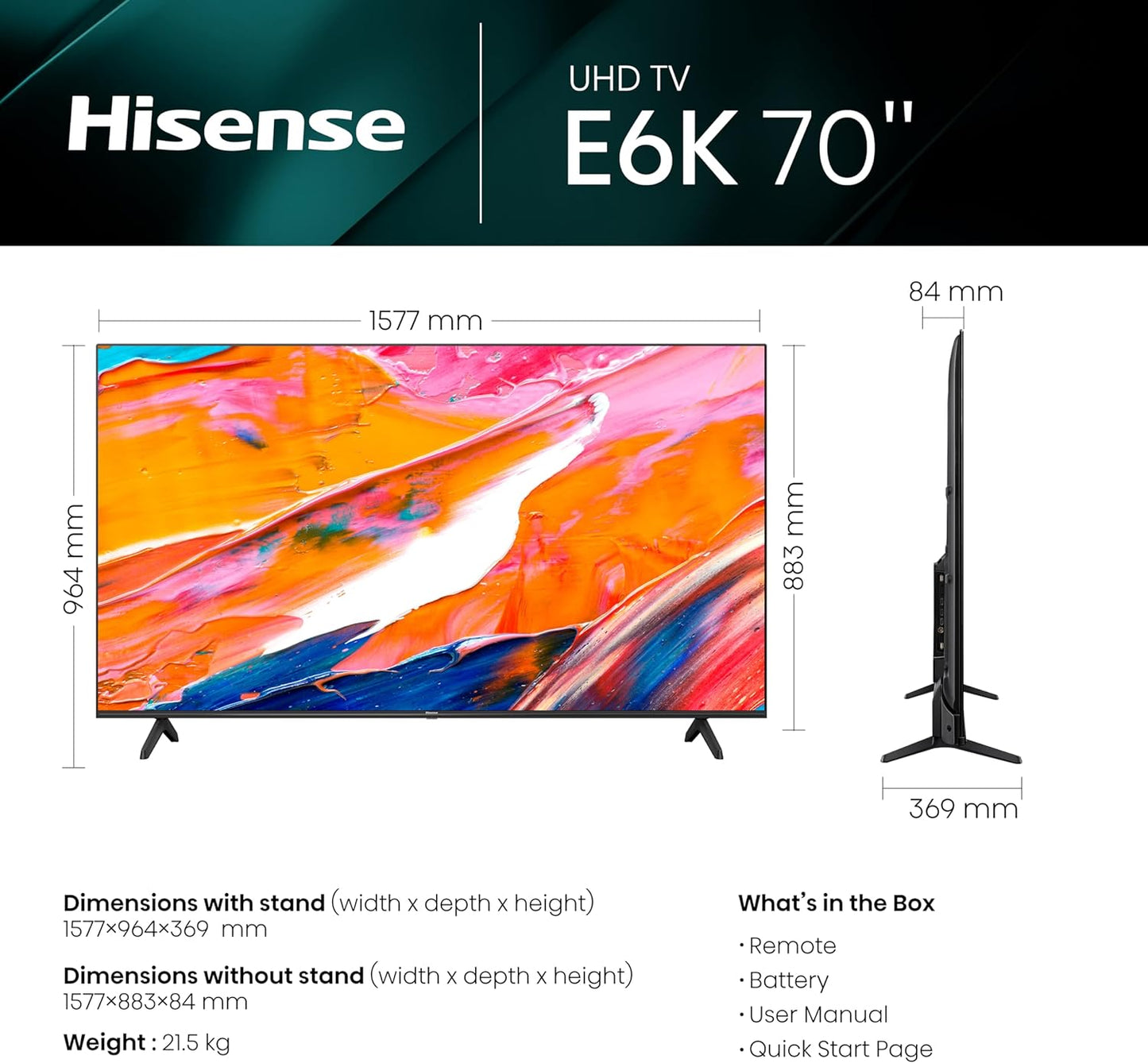 HISENSE QLED Smart TV, 55 Inch E7K with Quantum Dot Colour, Dolby Vision·Atmos, Share to TV, Voice Control and Game Mode VRR ALLM, AI Sports Mode, Youtube, Netflix, Shahid and Anghami,55E7K
