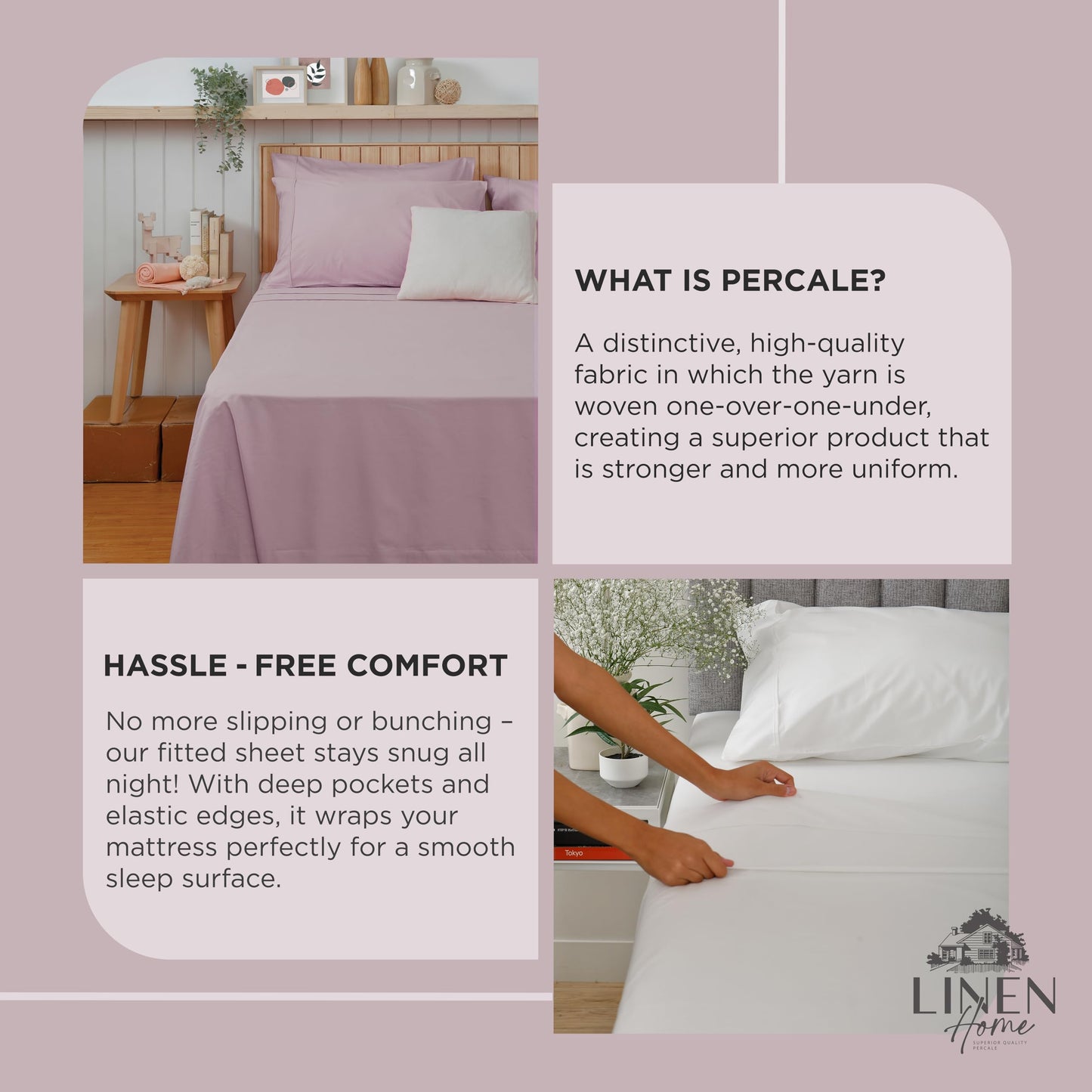 Linen Home 100% Cotton Percale Weave Fitted Sheet, Full Size, Charcoal, 1 Deep Pocket Fitted Sheet, Fits Mattress Upto 16" Crisp and Cool Strong Bed Linen, 54"X75"+15"
