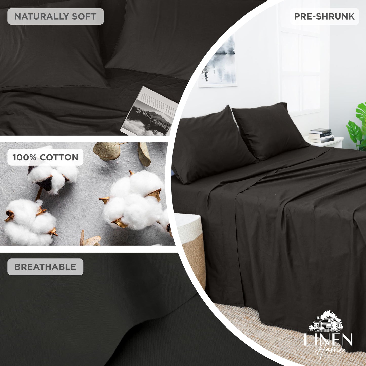 Linen Home Washed Cotton Percale Twin Sheet Set, Charcoal, Preshrunk, 3 Pieces Sets - 1 Flat, 1 Deep Pocket Fitted Sheet & 1 Envelope Closure Pillowcase, Soft, Cool and Comfortable Bed Linen