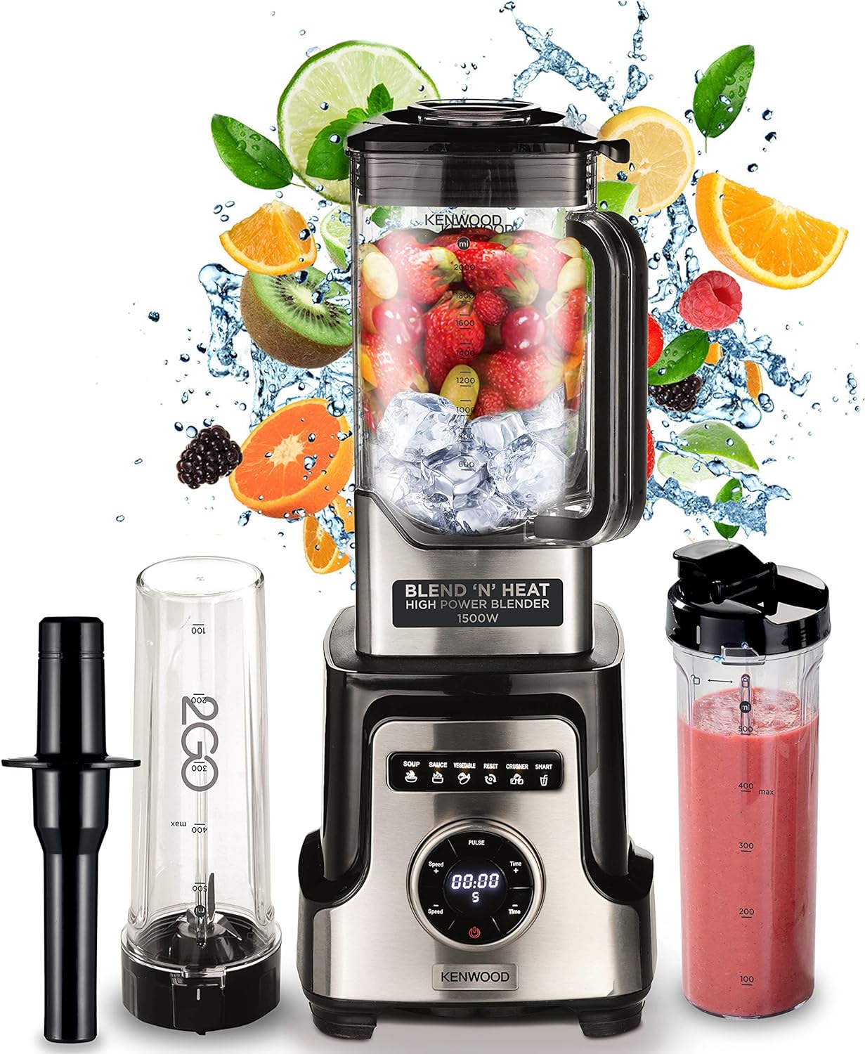Kenwood Premium Power Blender 1500W Smoothie Blender With 2L Tritan Jar, 500ML Smoothie2Go Bottle & Lid, Blender Tamper/Food Presser, 6 Speed+3 Preset Programs, Ice Crush Function Blm91.640Ss Silver