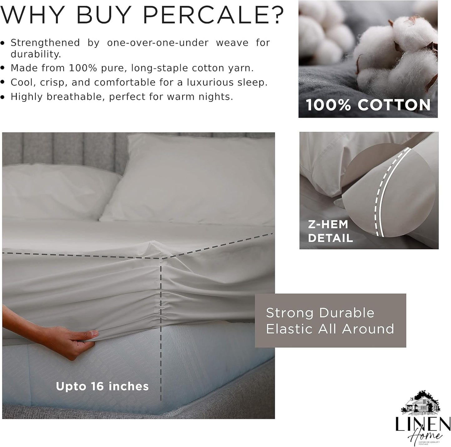 Linen Home 100% Cotton Percale Fitted Sheet Set King Size, Ivory, Deep Pocket, 3 Piece - 1 Deep Pocket Fitted Sheet and 2 Pillowcases, Crisp Cool and Strong Bed Linen