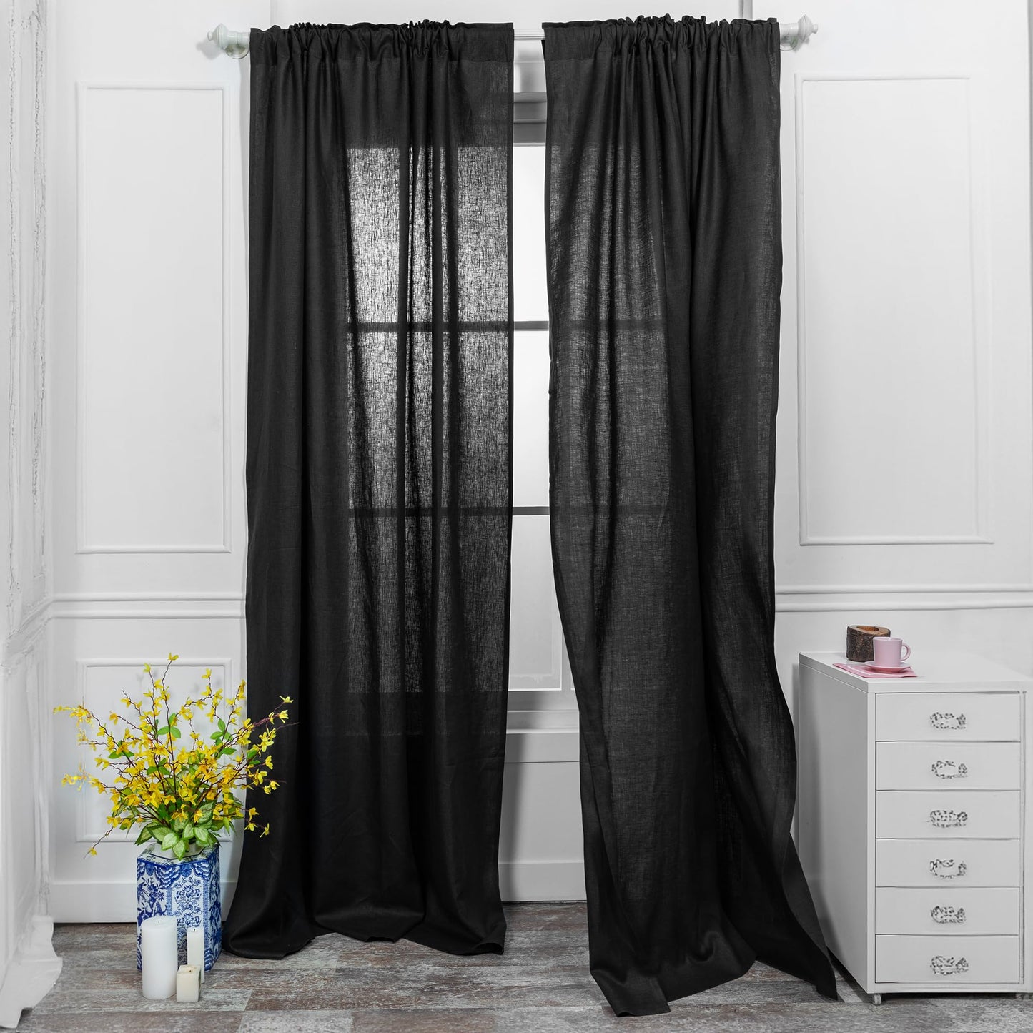 D'Moksha Homes Black Linen Curtain 52 x 108 Inch - Light Filtering Rod Pocket Curtain 108 Inches Long 1 Panel - 100% Pure Linen European Flax Window Treatment Panel for Living Room, Bedroom