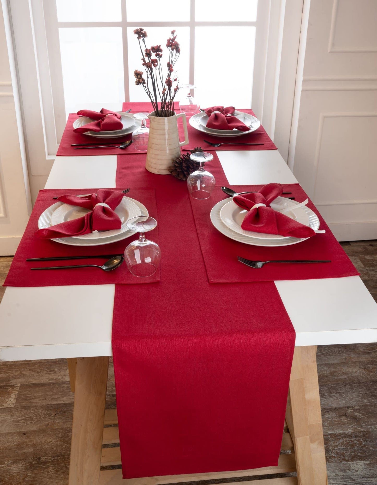 D'Moksha Homes Chambray Cream and White Table Runner 13 x 36 Inch - Faux Linen Table Runner - Wrinkle Resistant, Machine Washable Ideal for Coffee Tables, Fall, Halloween - 100% Recycled Fabric