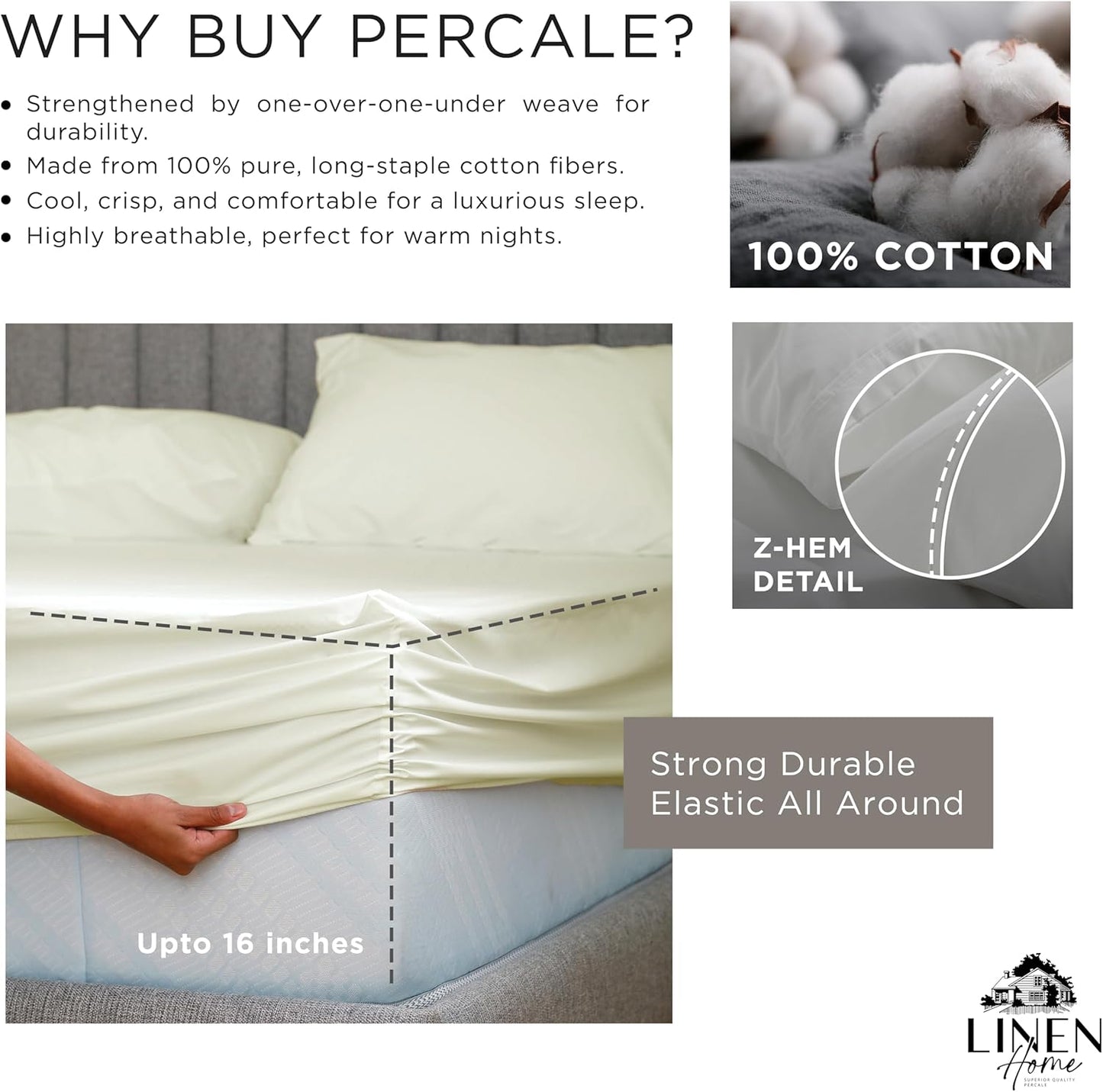 Linen Home 100% Cotton Percale Fitted Sheet Set King Size, Ivory, Deep Pocket, 3 Piece - 1 Deep Pocket Fitted Sheet and 2 Pillowcases, Crisp Cool and Strong Bed Linen