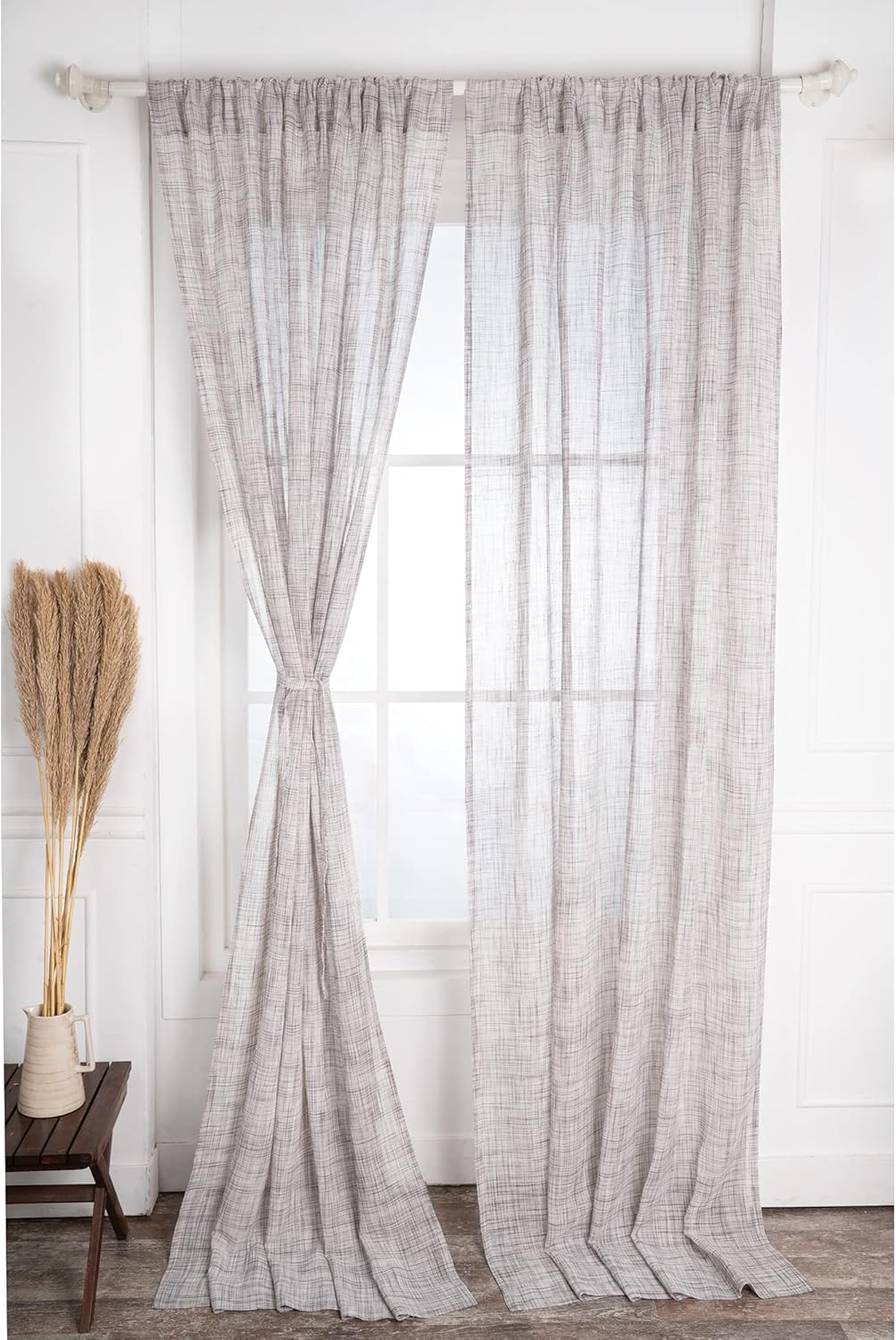 D'Moksha Homes White and Grey Faux Linen Curtains 63 Inches Long - 52 x 63 Inch 2 Panels Light Filtering Rod Pocket Sheer Curtains - Recycled Fabric Faux Jute - Window Treatment for Living Room