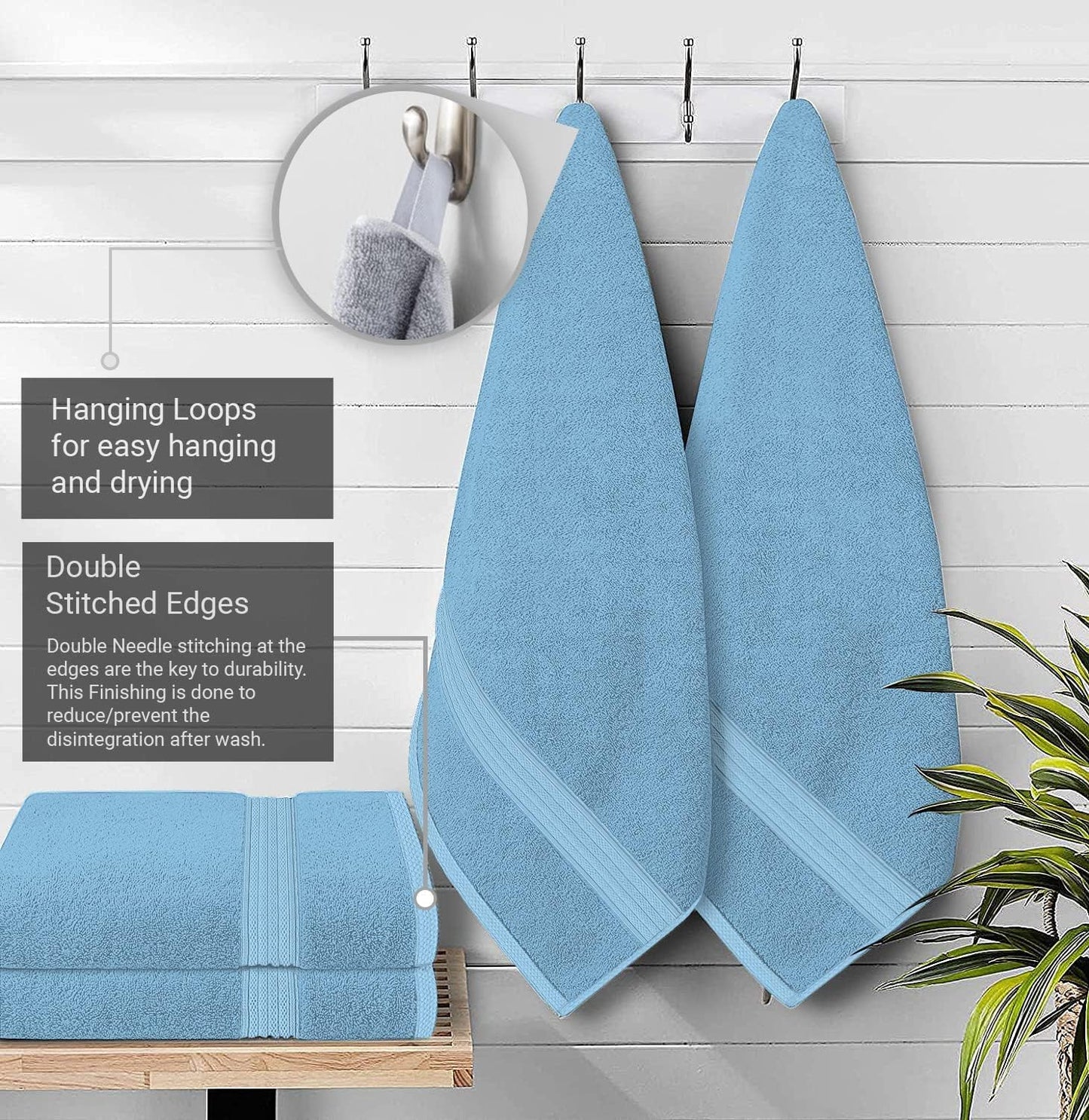 Lavish Touch 4 Piece Premium Bath Towels Set, (27 x 54 Inches) | Highly Absorbent Soft Bath Towels with Hanging Loop - Light Blue