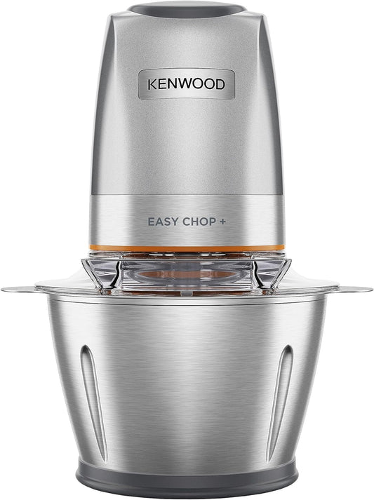 KENWOOD Stainless Steel Chopper 500W Electric Food Chopper with 1.2L SS Bowl (600ml working capacity), Dripper Pro, Quad Blade, Storage Lid, Dual Speed, Spatula, Ice Crush Function CHP62.700SI Silver