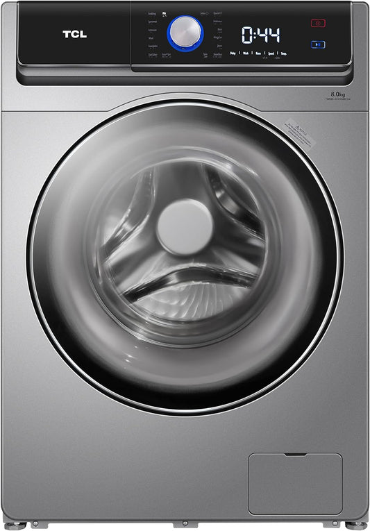 TCL 8kg Front Load Washing Machine, 1400 RPM, BLDC Inverter Motor, 16 Washing Programs, Fully Automatic Washer, Touch Control Panel, Silver, P808FLS